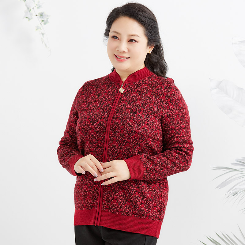 胖太太大码女装秋冬季新款红花色时尚休闲毛衣开衫舒适624300410