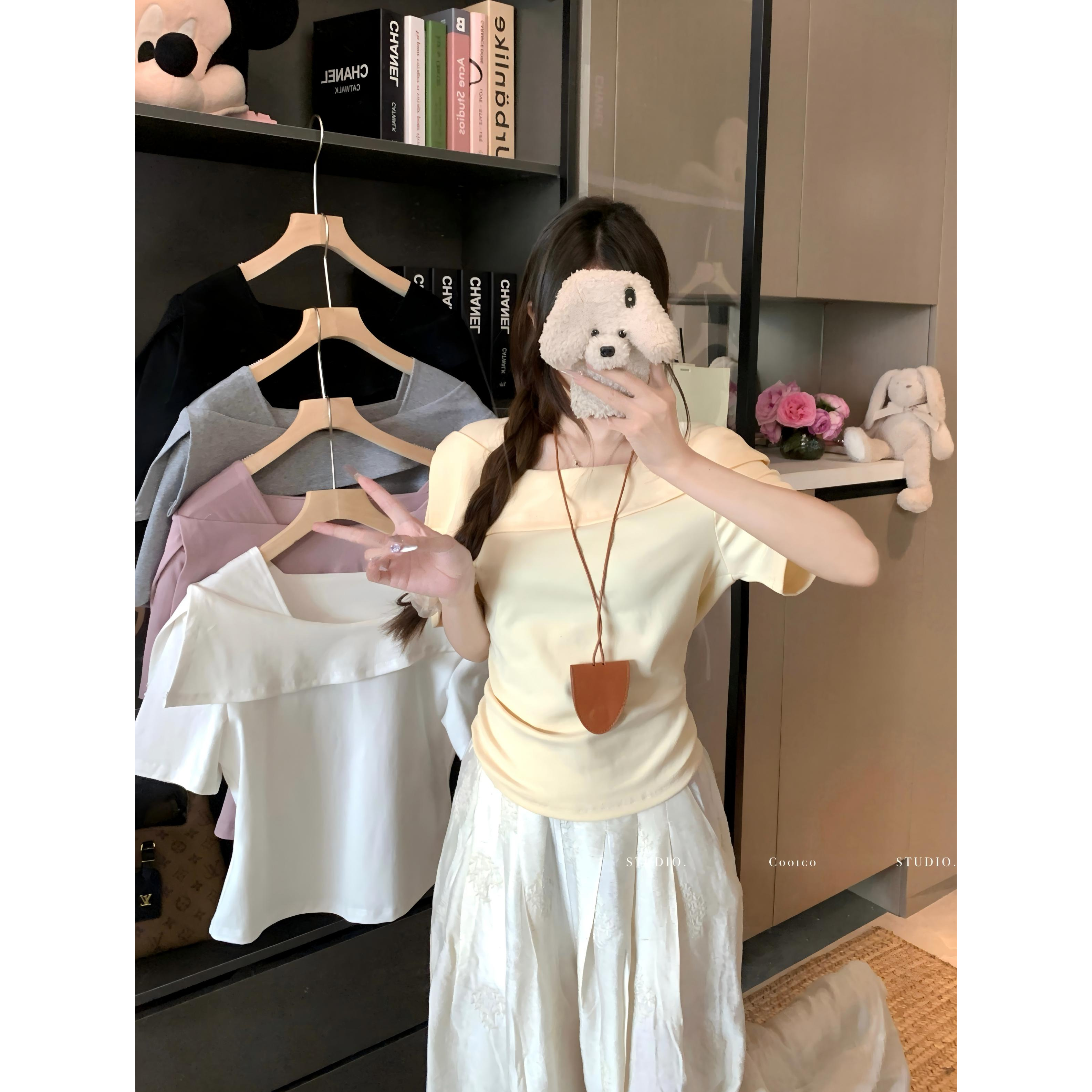 2025夏装新款胖mm大码女装百搭显瘦纯欲甜美一字肩短袖气质T恤女