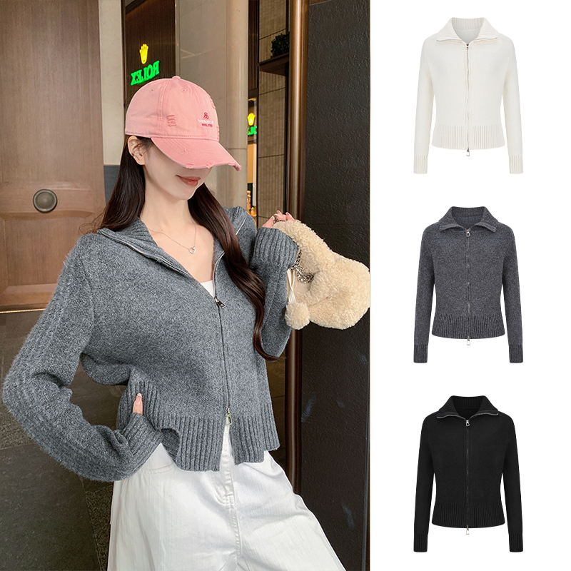 MosesQueen/魔西女王加绒加厚翻领针织开衫双拉链宽松毛衣外套