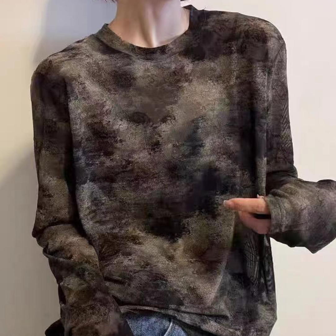 欧货晕染长袖T恤女2025秋季新款圆领显瘦时尚休闲罩衫薄款上衣潮