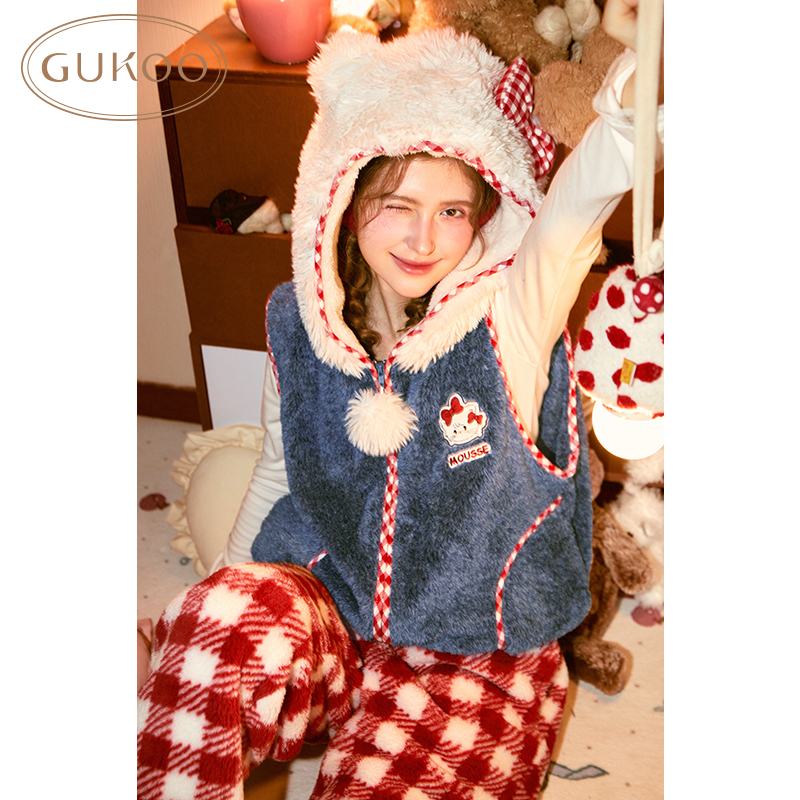 【Gukoo/果壳】mikko联名甜美可爱冬季连帽可外穿女士家居服套装