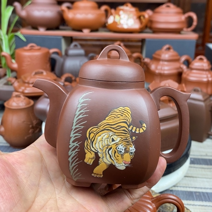 茶壶紫砂福韵八方260cc原矿老紫泥手工彩绘