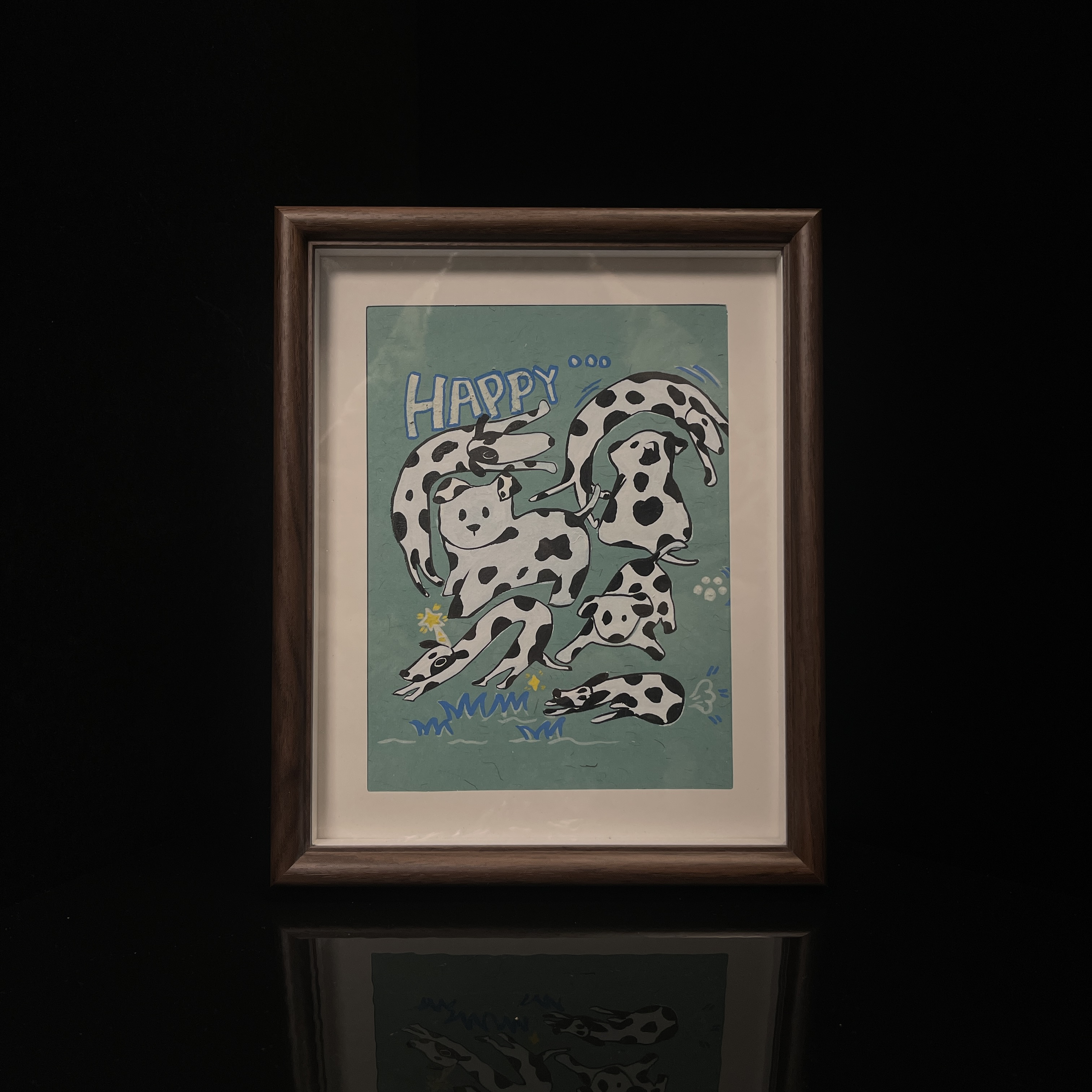 《快乐小狗-首先你要快乐》斑点狗10寸玻璃框手绘书法摆件