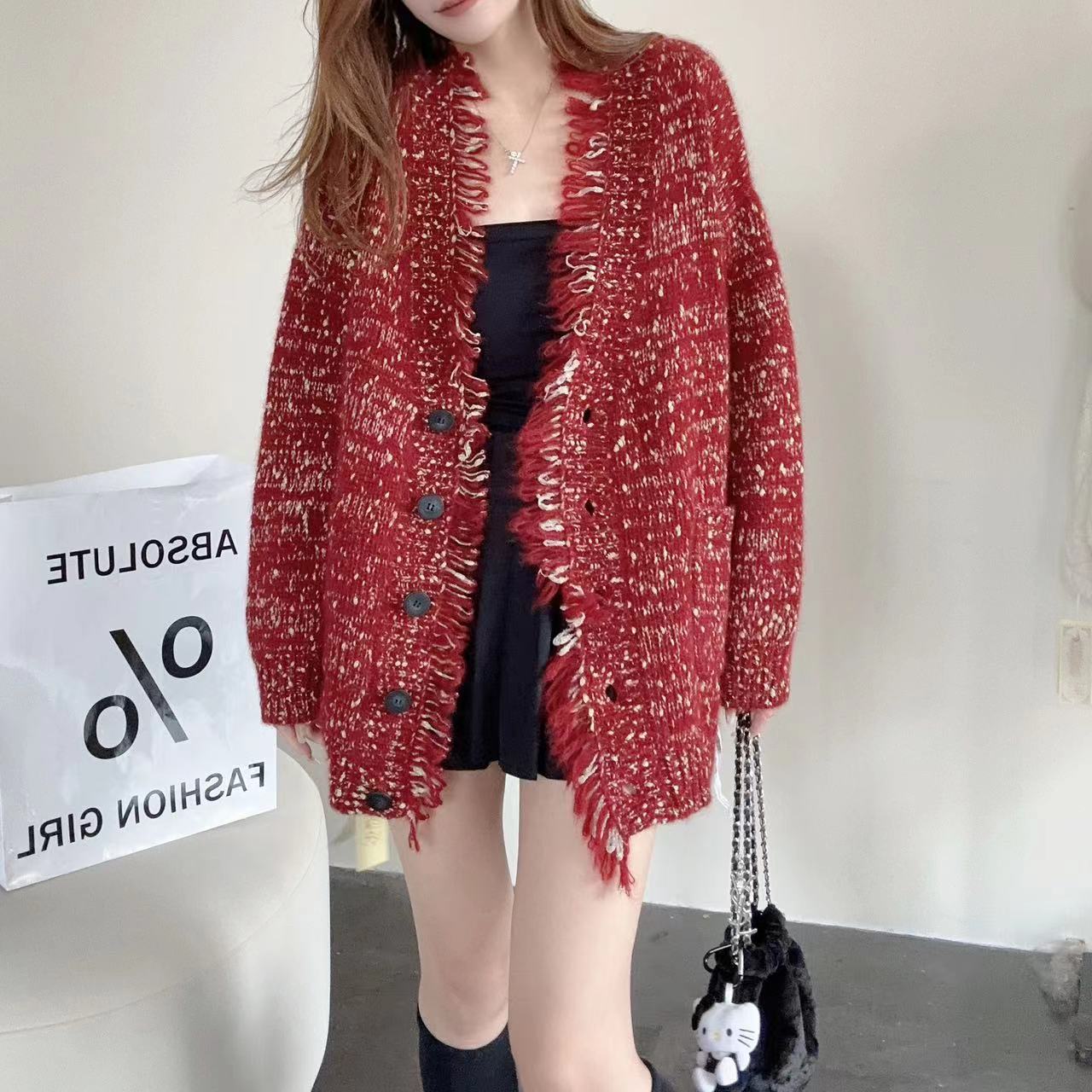 【耀眼风姿】拉绒工艺241441-100羊绒慵懒风花纱门禁带流苏针织外套