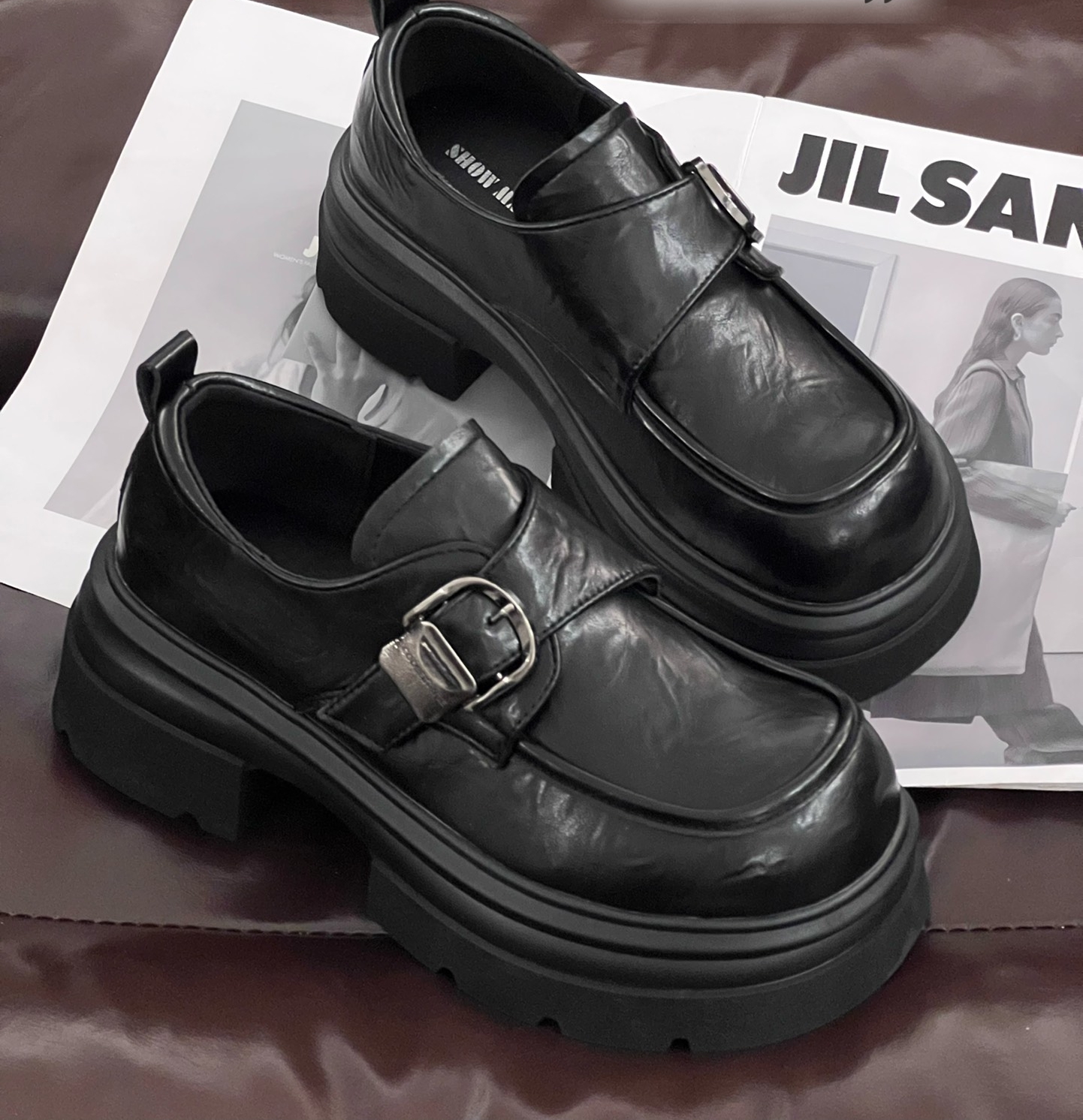 厚底小皮鞋女黑色增高浅口单鞋乐福鞋