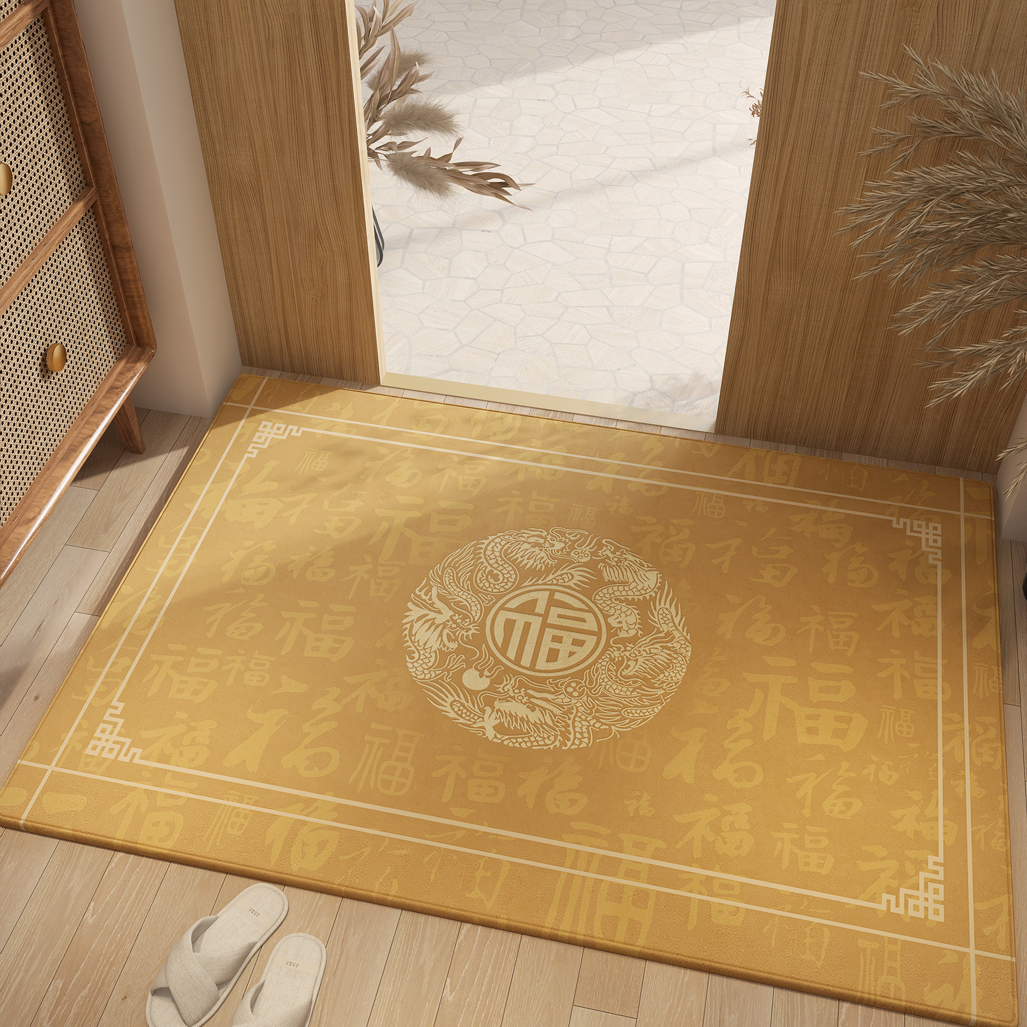 金色黄色入户门可裁剪地垫耐脏蹭土除尘脚垫玄关龙凤家用防滑垫子商品图