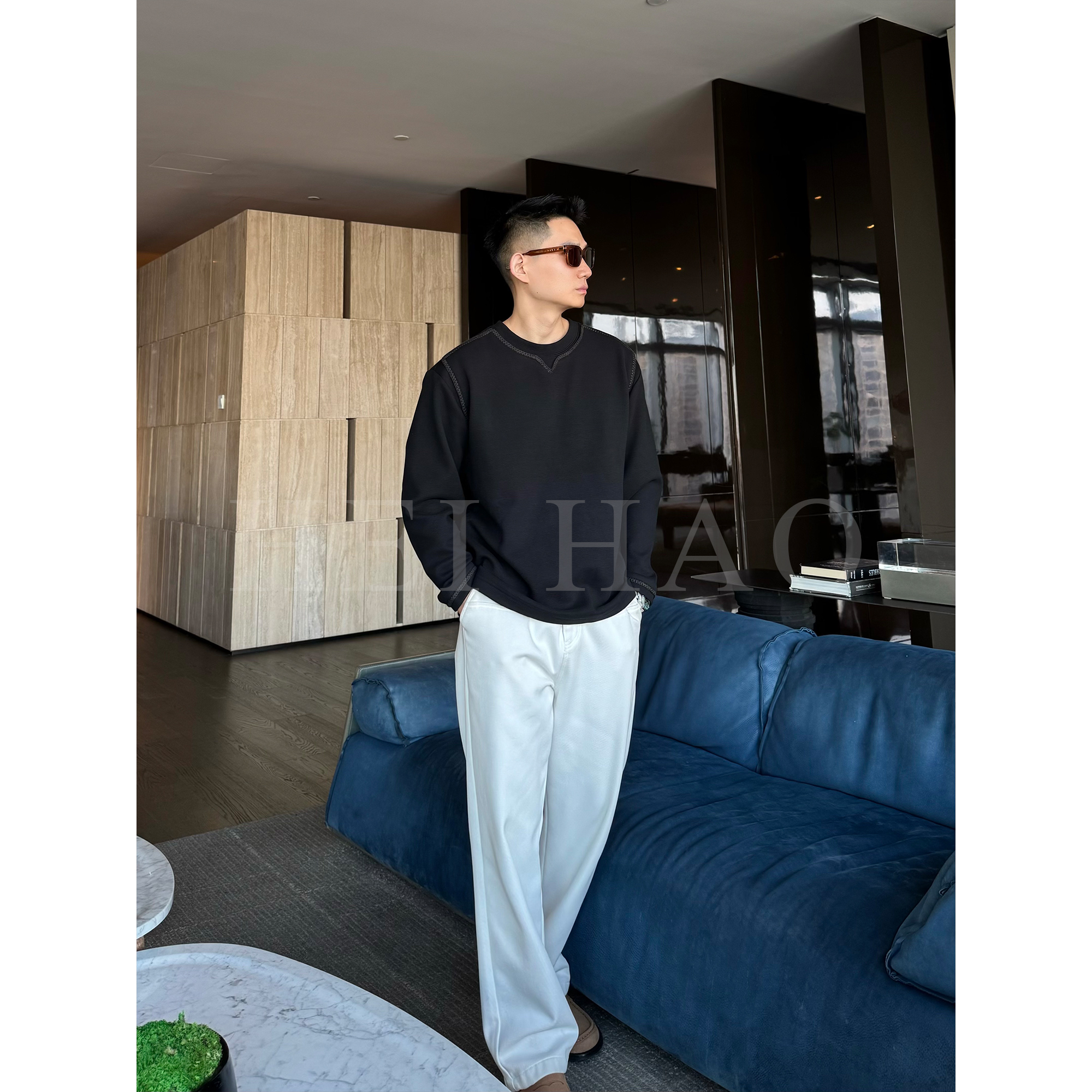 Hei Hao】轮廓拼接圆领加绒男士冬季长袖卫衣打底透气百搭保暖
