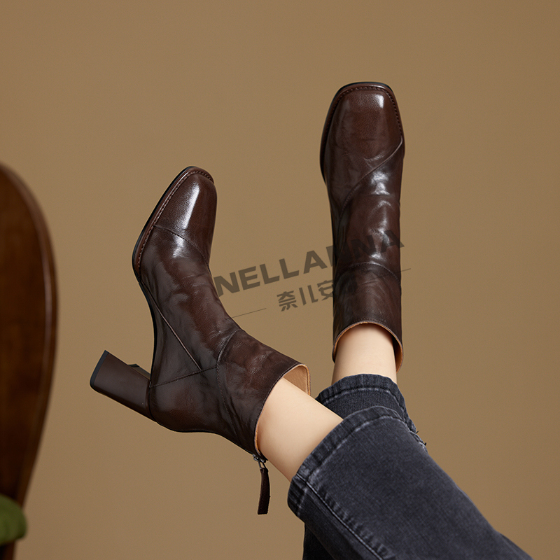牛皮7厘米34-40 粗跟后拉链防滑高跟秋季短靴女时尚方头瘦瘦靴
