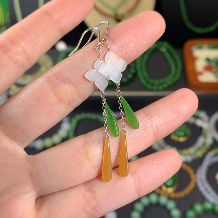 和田玉耳饰银S925镶嵌