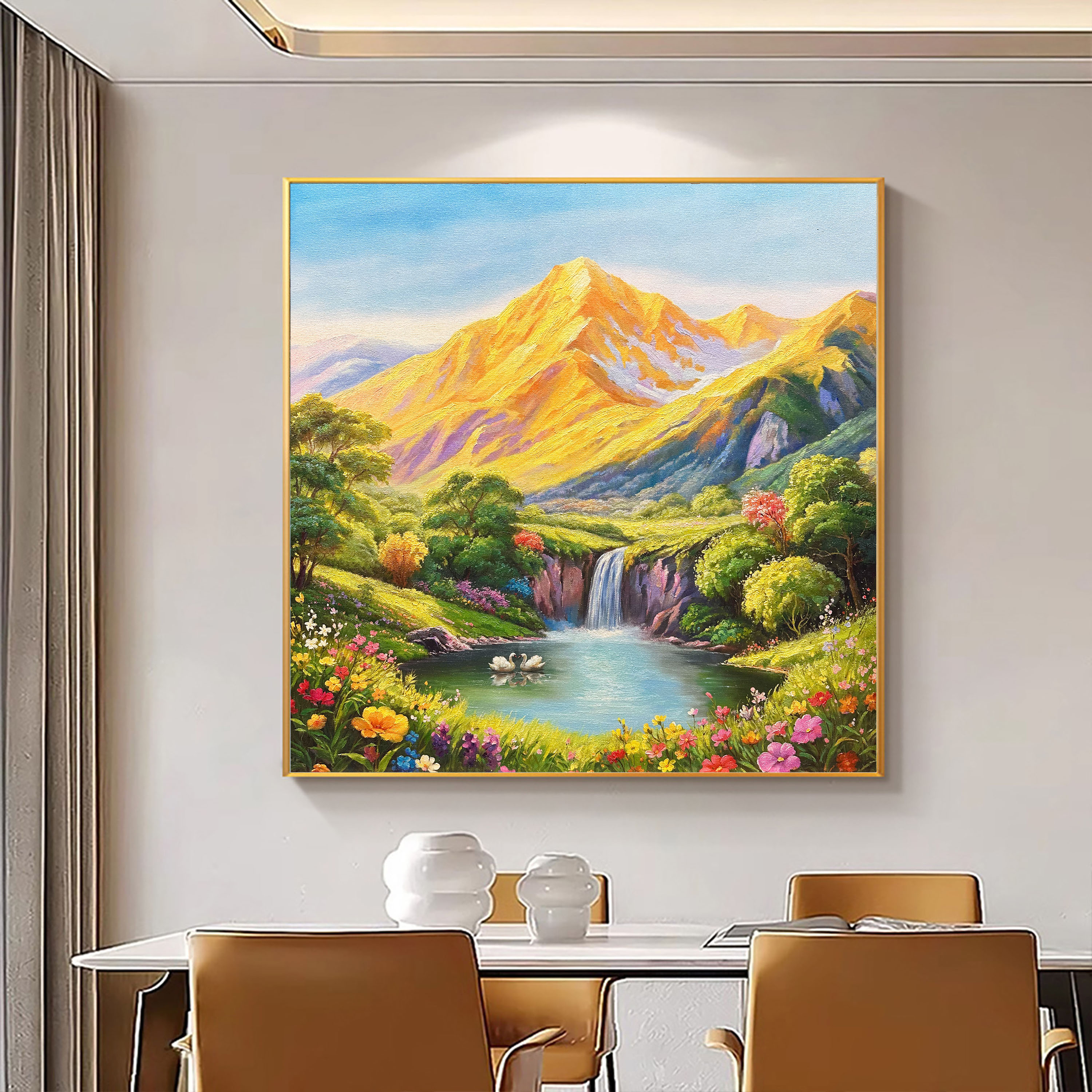 《天鹅湖》金山聚宝盆油画客厅装饰画玄关肌理画饭厅寓意好餐厅挂画