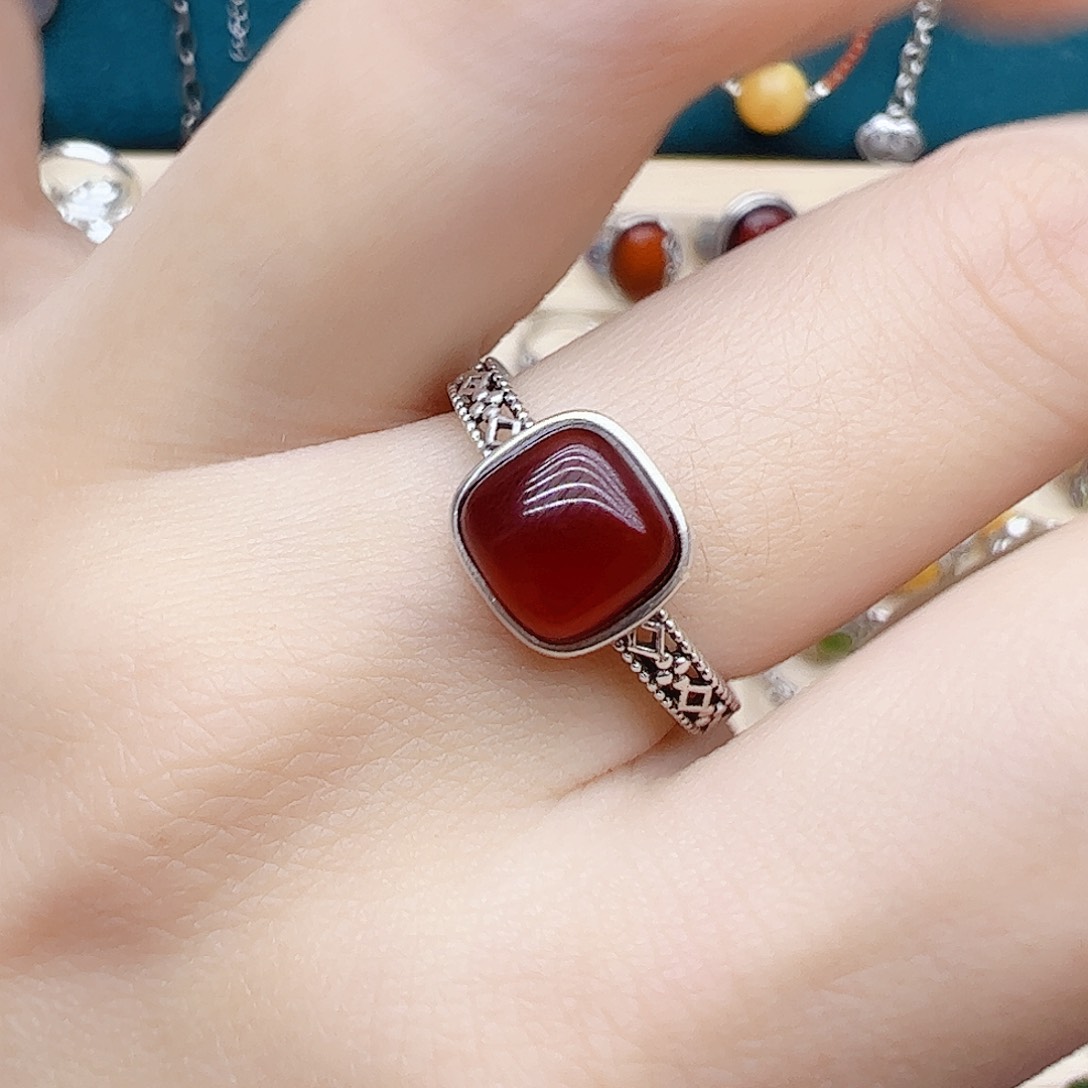 血珀戒指银S925镶嵌天然