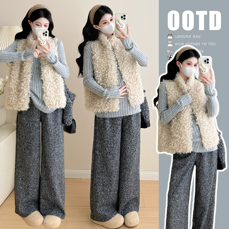 {糕糕}孕妇装2025秋冬新款韩系慵懒风马甲软糯打底阔腿裤三件套