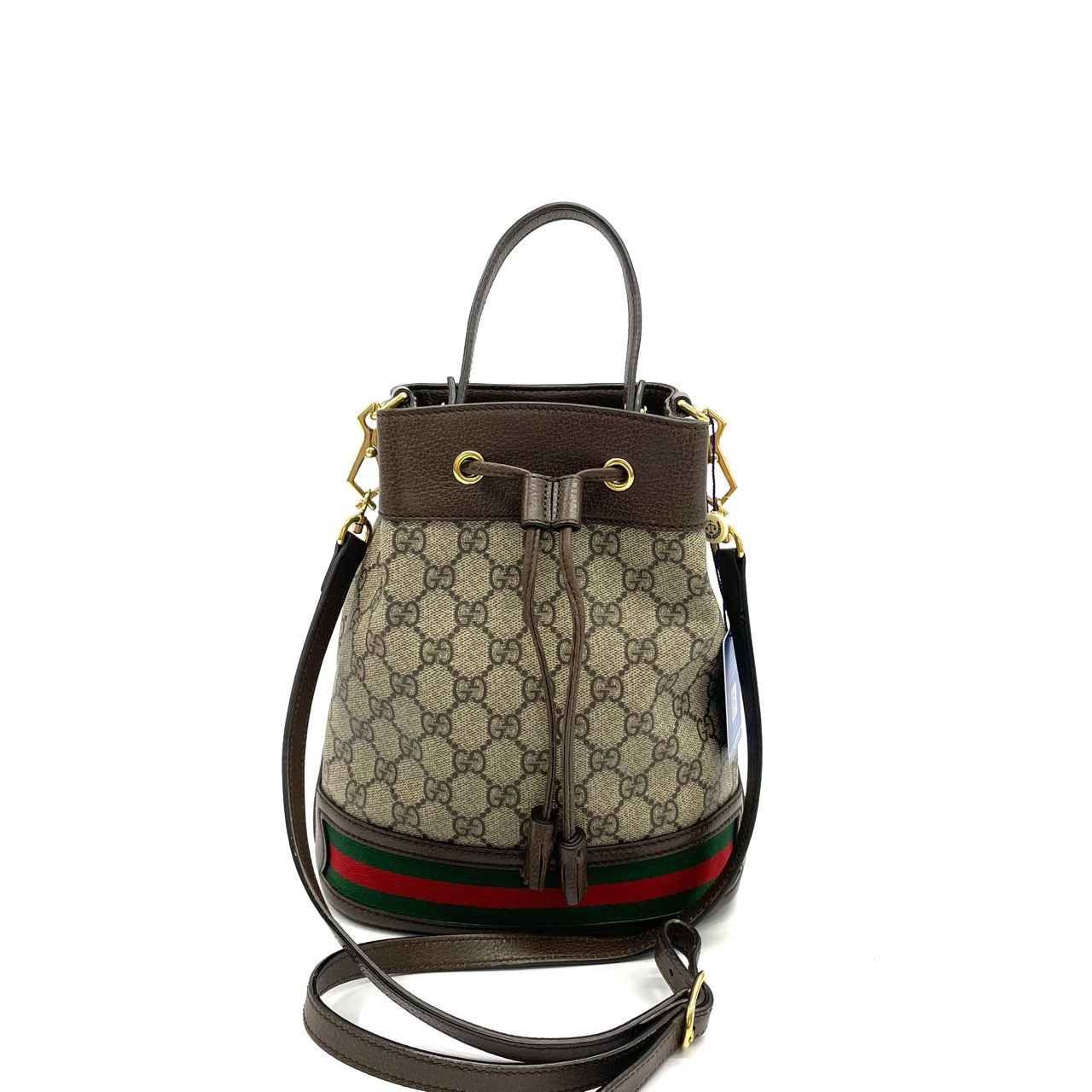 95新 GUCCI/古驰 98新 系列老花logo抽绳水桶包手提单肩包 小号 