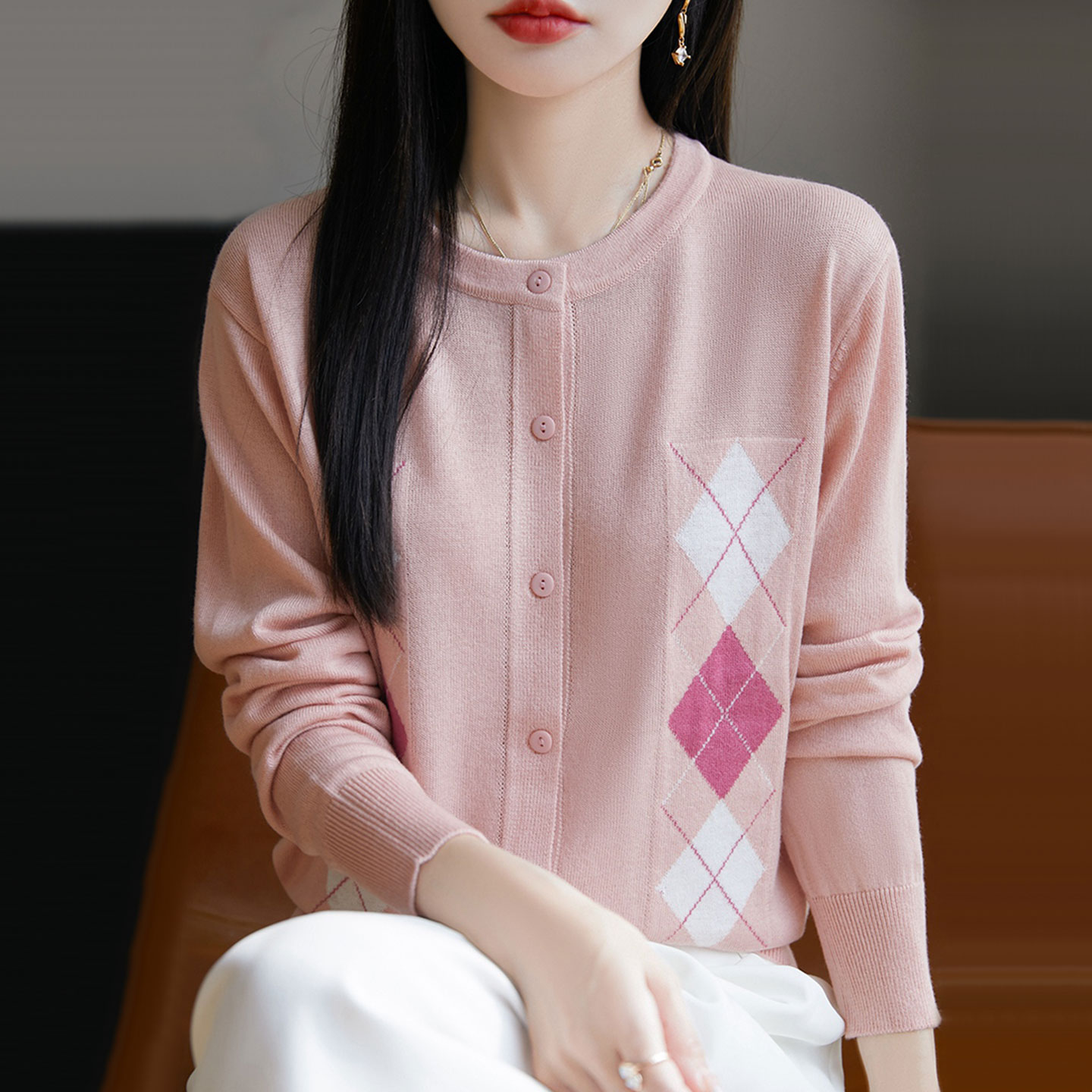 秋季新款时尚圆领羊毛衫女士毛衣拼色宽松洋气百搭针织开衫外套