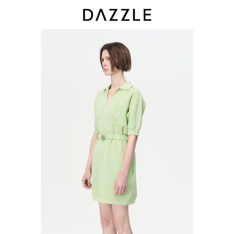 DAZZLE地素奥莱收腰连衣裙浅绿色针织裙子女2H3E624