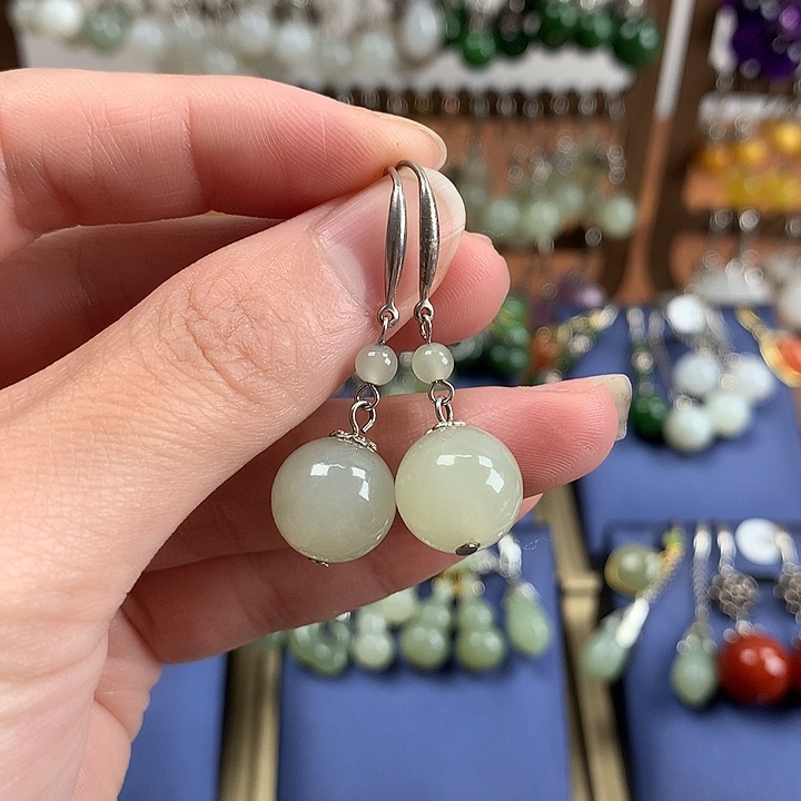 飘***雪和田玉银S925镶嵌耳饰12左右冰晴水