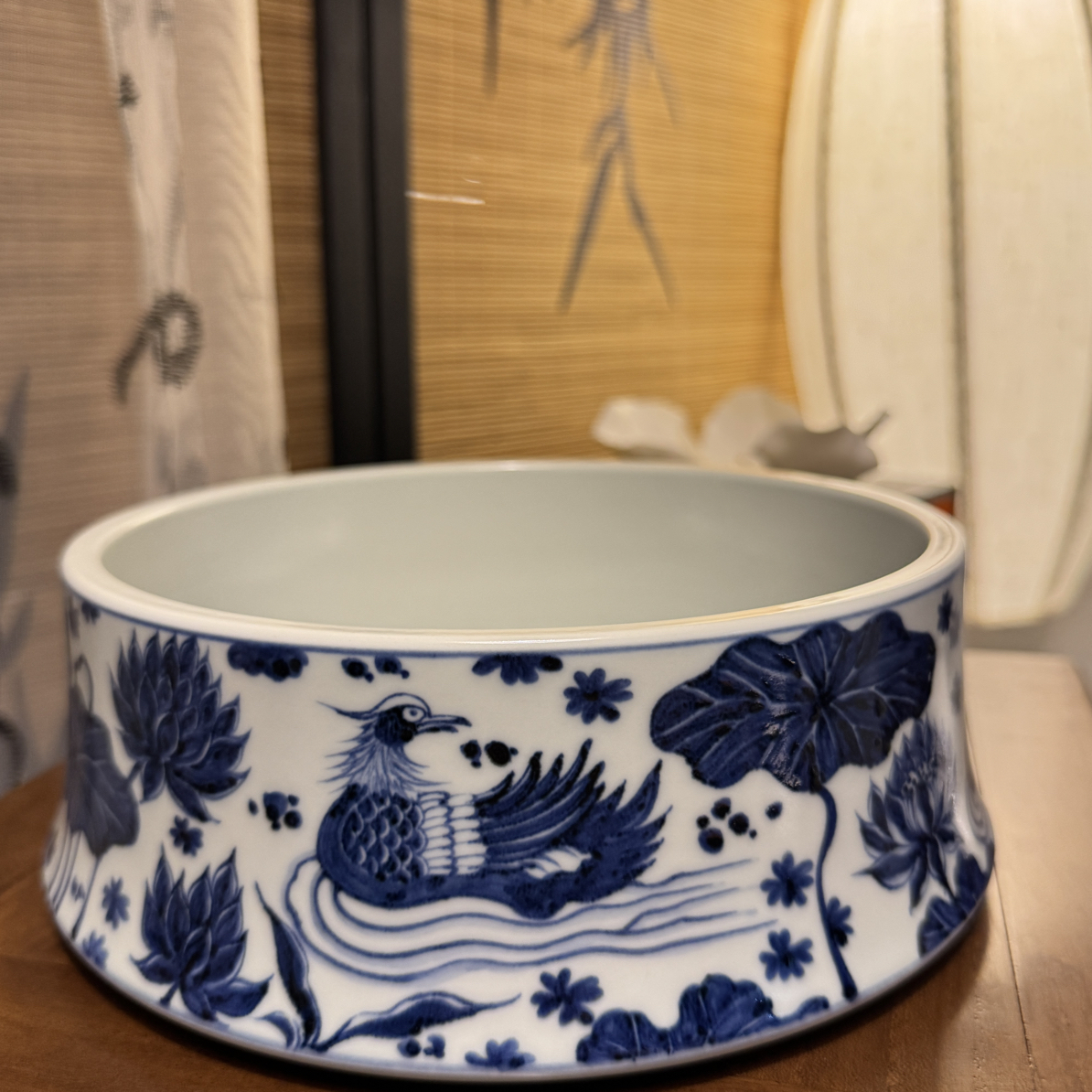 仿元幽蓝溪堂手工手绘釉鸳鸯满池娇圆形大水洗，口径21：高度8cm
