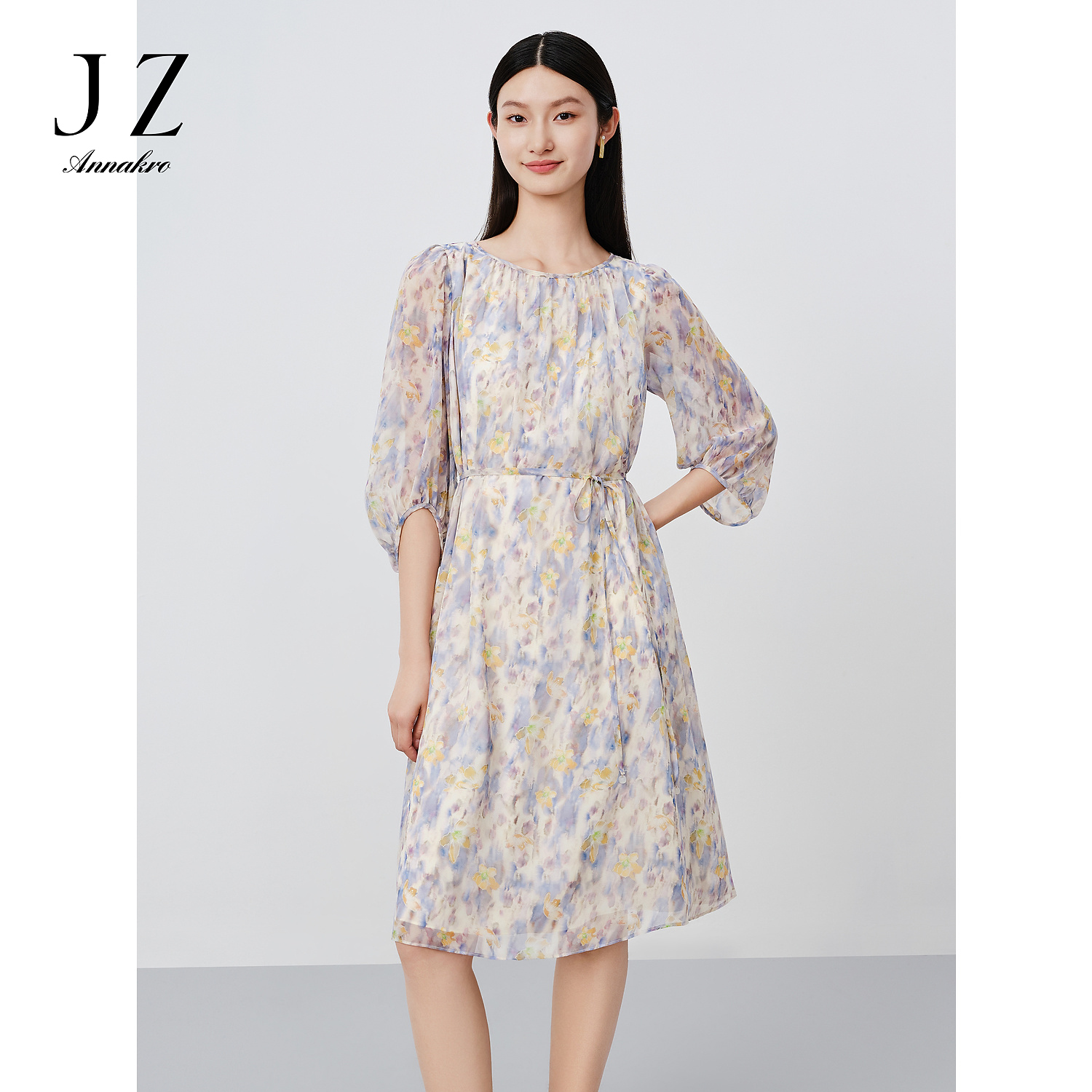 【羊羊专属】玖姿安娜蔻JTEX50109花印花圆领轻薄收腰连衣裙2024夏