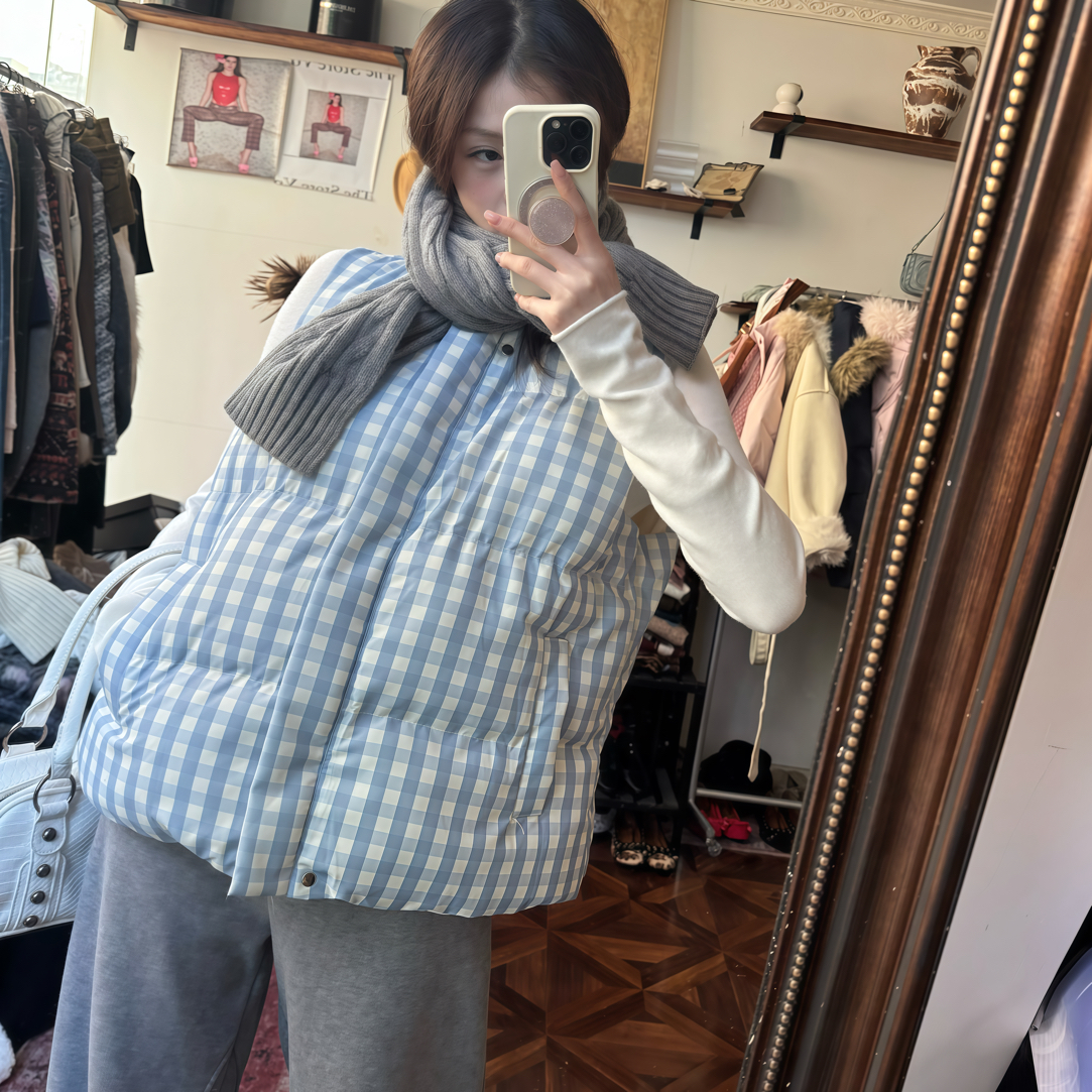 新款立领格纹女秋冬保暖复古学生蓝格子马甲