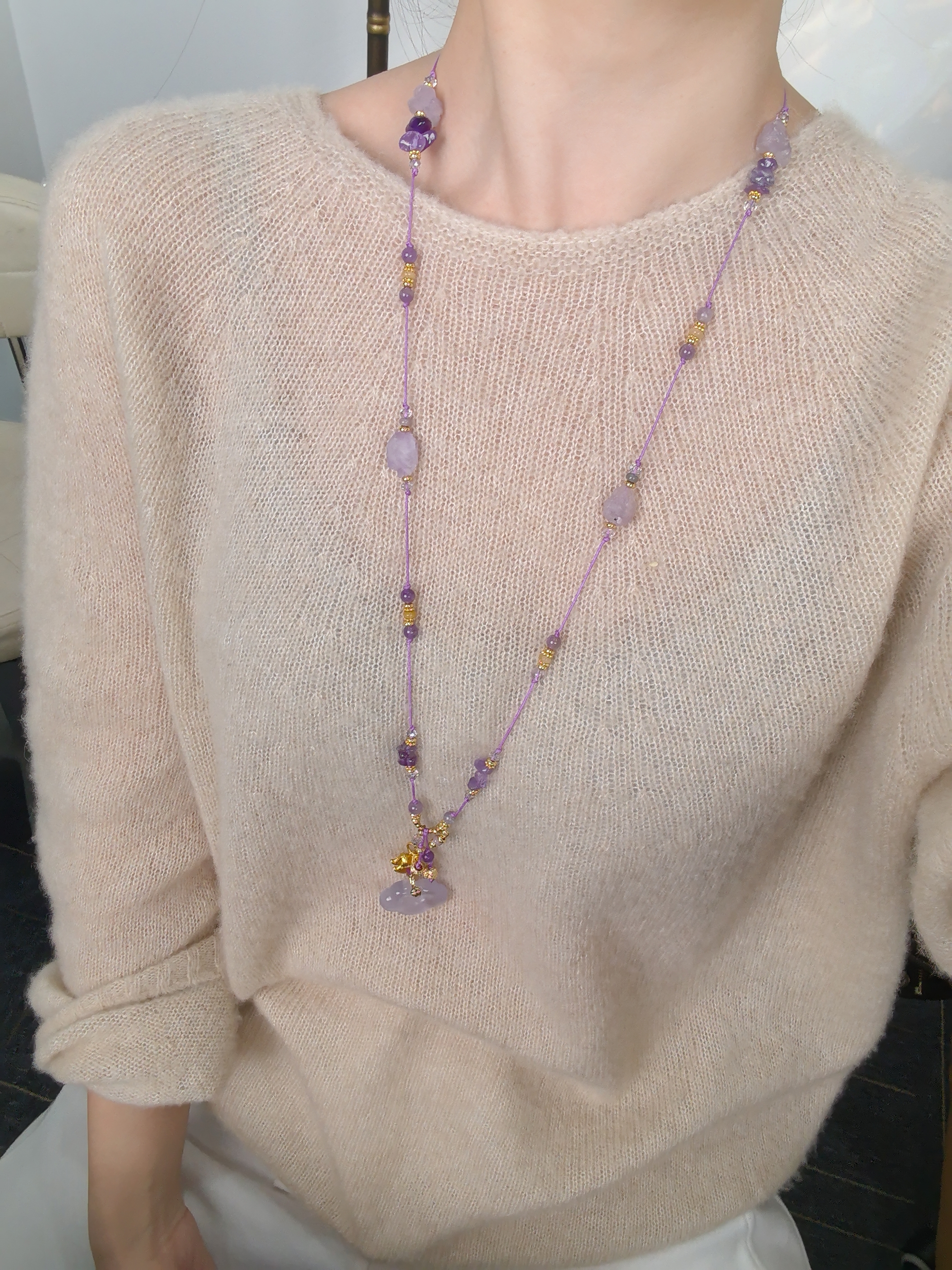 钛钢棉绳项链 X0123《紫云小马》简约大气复古手作串珠原创毛衣链