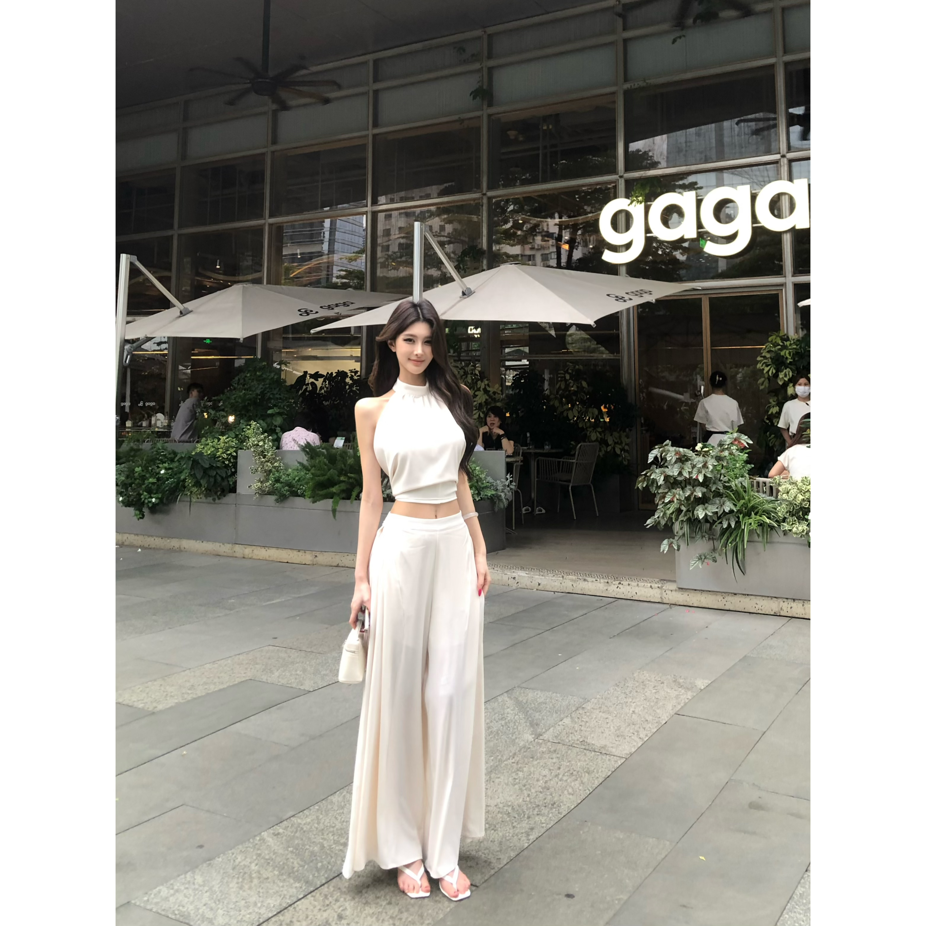 绑带美背挂脖背心垂感休闲阔腿长裤两件套8869