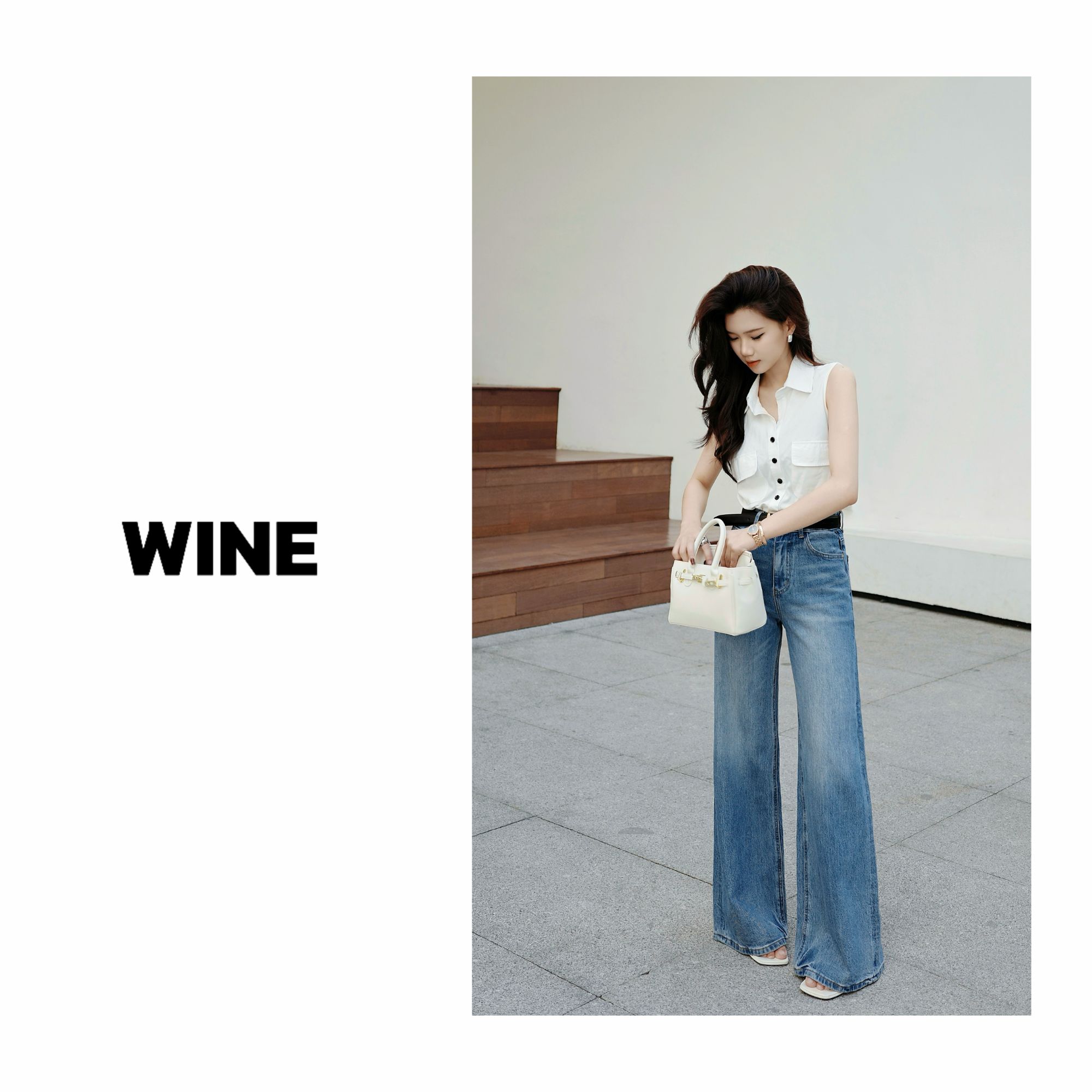 【Wine】·伯利兹周刊·春夏设计师复古怀旧树皮皱直筒水洗牛仔裤女