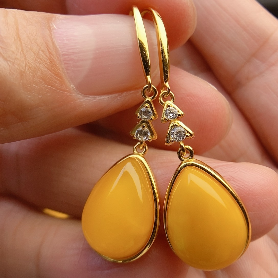 银S925镀金镶嵌琥珀耳饰