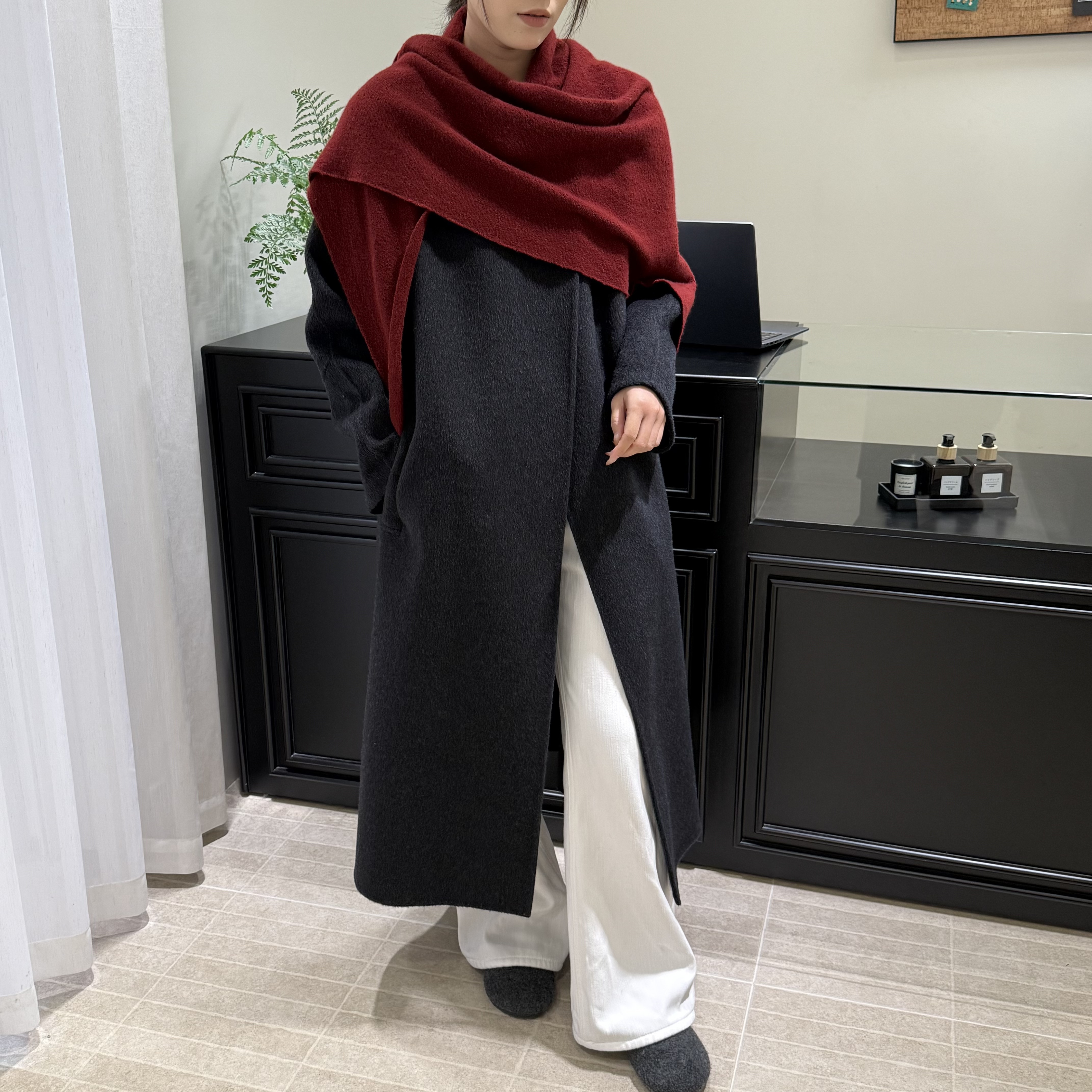 2025秋冬新款韩版设计款圆领时尚洋气双面呢长款大衣藏青色外套