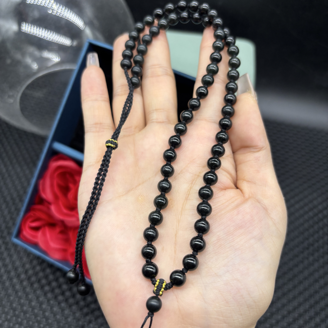 天然和田玉青玉圆珠6mm黑色玉坠挂绳项链玉佩毛衣链编织可调节款