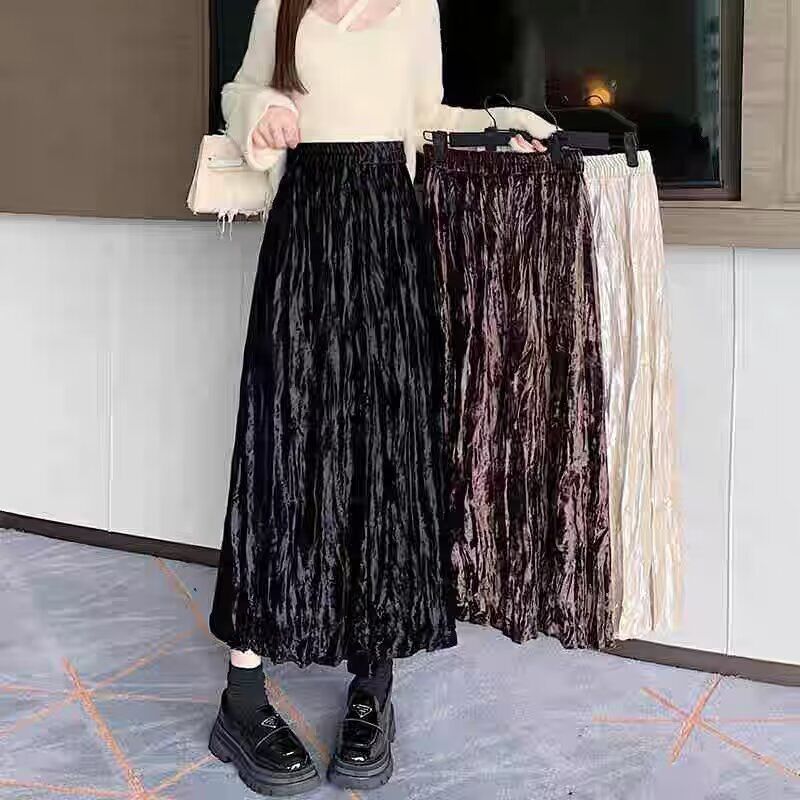 金丝绒百褶半身裙女秋冬款松紧高腰显瘦遮胯垂感a字伞裙大摆长裙