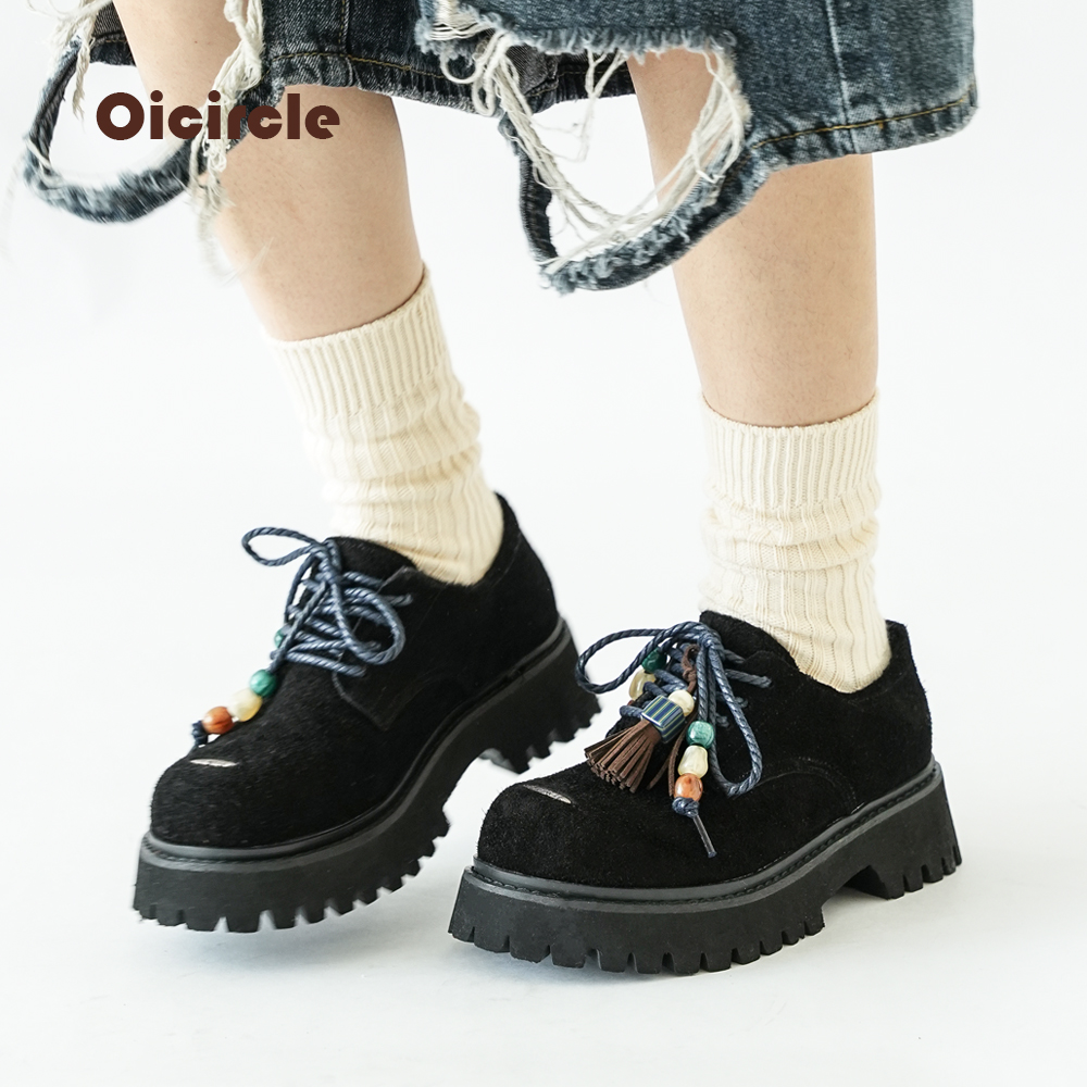 OICIRCLE25早春新款德比原创设计黑曜石老钱风磨砂牛皮厚底增高鞋