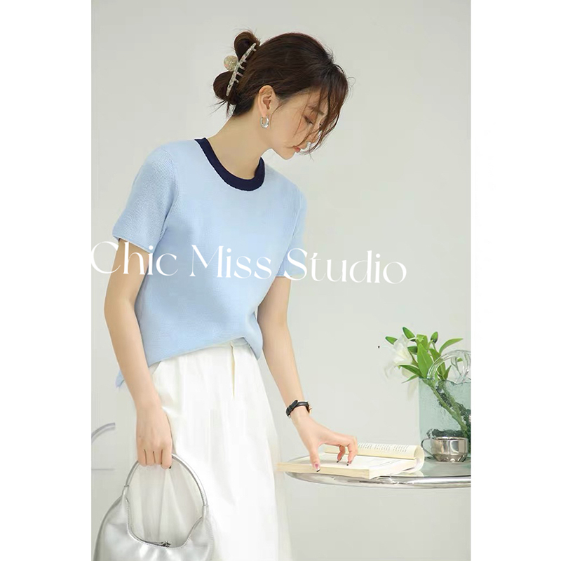 【婴儿蓝】3690超柔软高品质圆领撞色针织毛衣