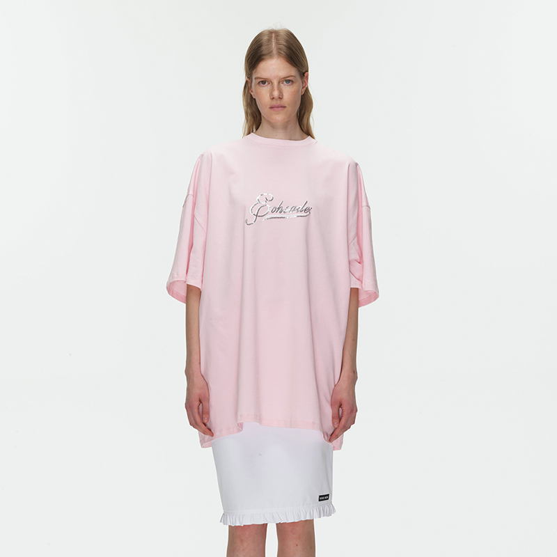 ECHOADE经典大廓形 遮肉显瘦 重工珠片LOGO绣花小圆领宽松落肩T恤