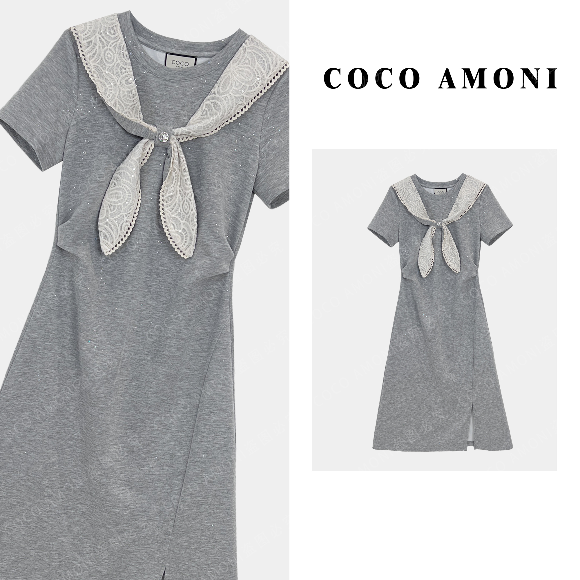 [曼姐]时尚新款高定夏季女装拼接披肩蝴蝶结气质连衣裙AC334