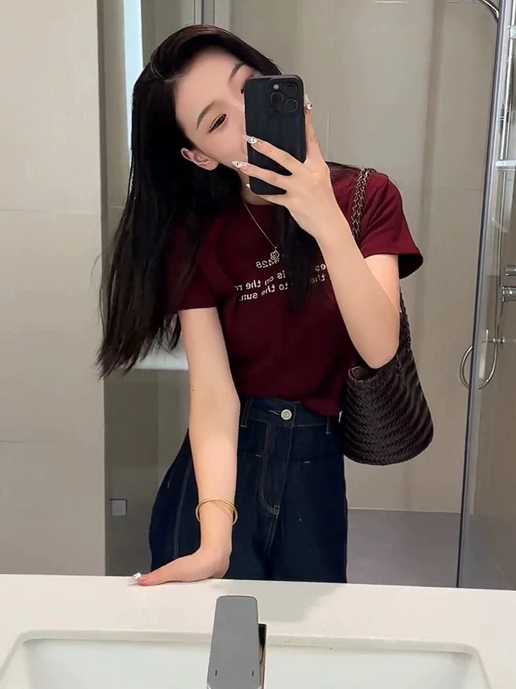 1325#美式圆领简约短袖T恤女2025夏季新款时尚百搭休闲上衣潮