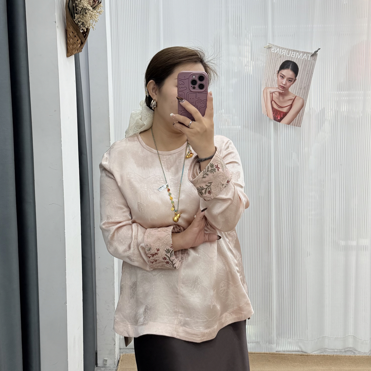 72816新中式国风提花刺绣上衣女春季宽松长袖镂空复古打底衬衫