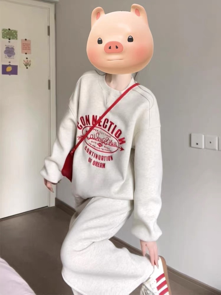 休闲运动套装ol连帽印花保暖加绒长裤宽松洋气圆领lj两件套#9933