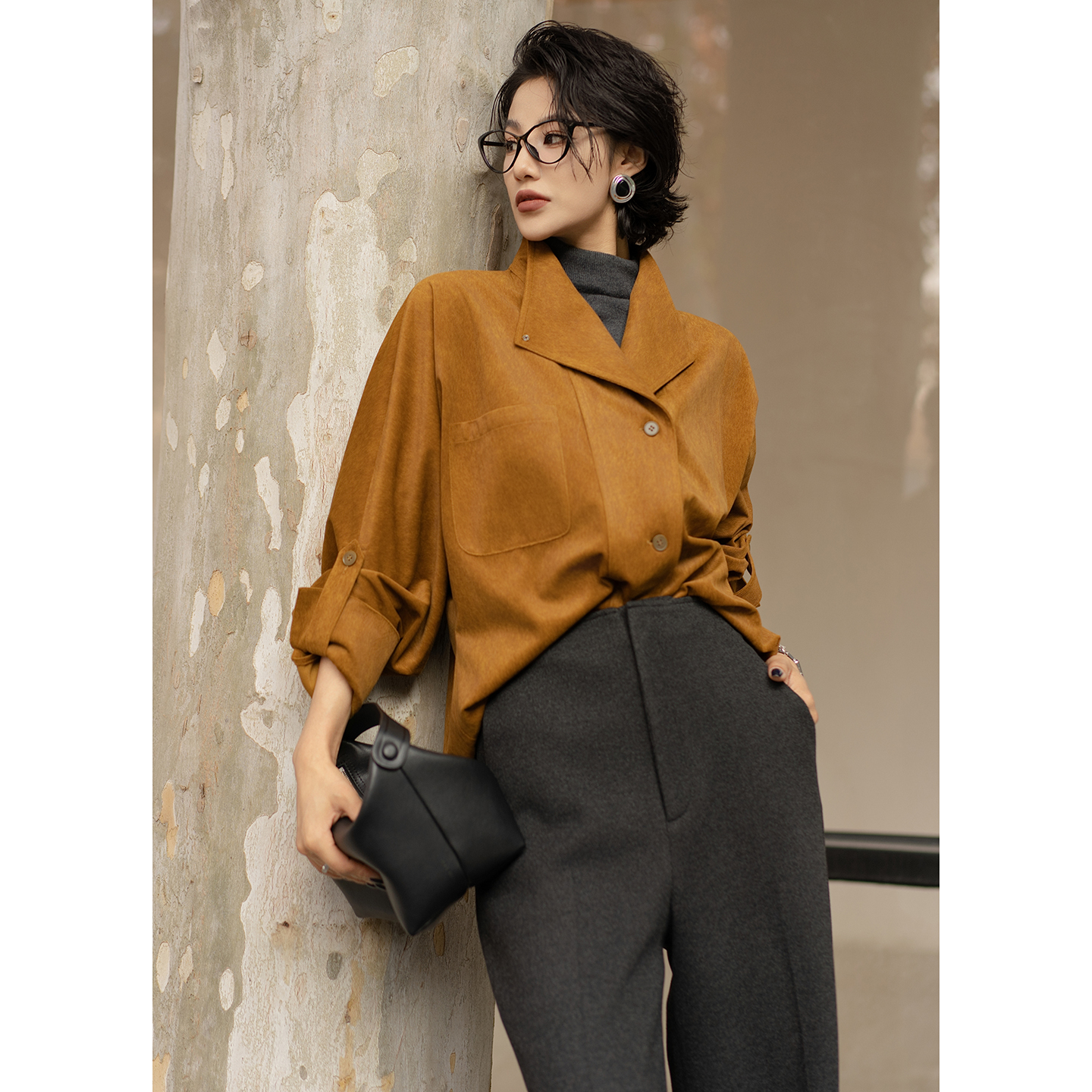 【我本多彩】暖绒麂皮感立领宽松冬季休闲时髦感衬衫