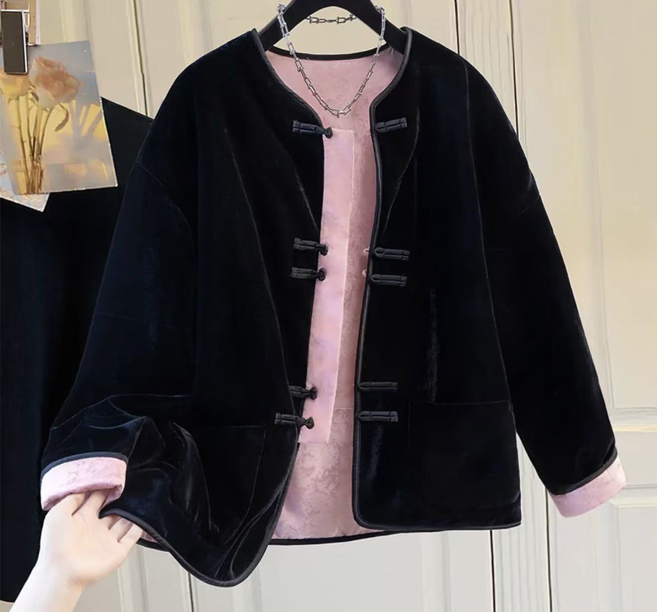 小黑粉--双面双穿中式时尚百搭休闲黑色设计师高定轻奢加棉外套