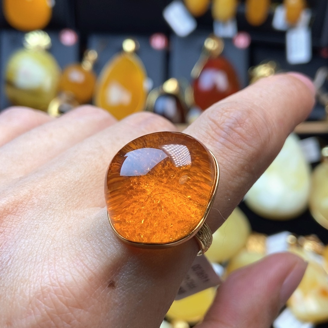 琥珀银S925镀金镶嵌戒指
