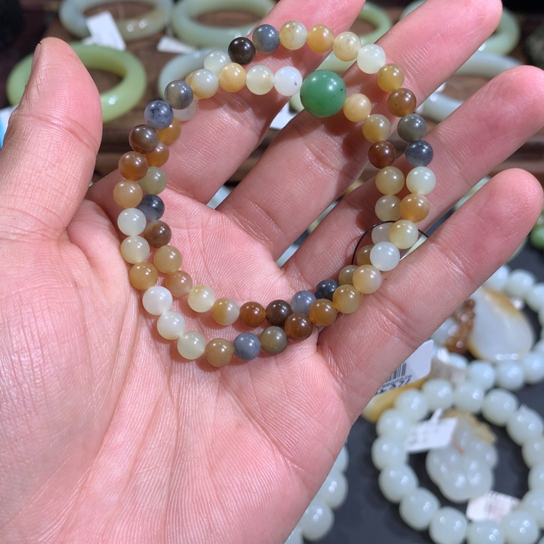 和田玉手链未镶嵌新疆若羌扶果岭多彩双圈手串