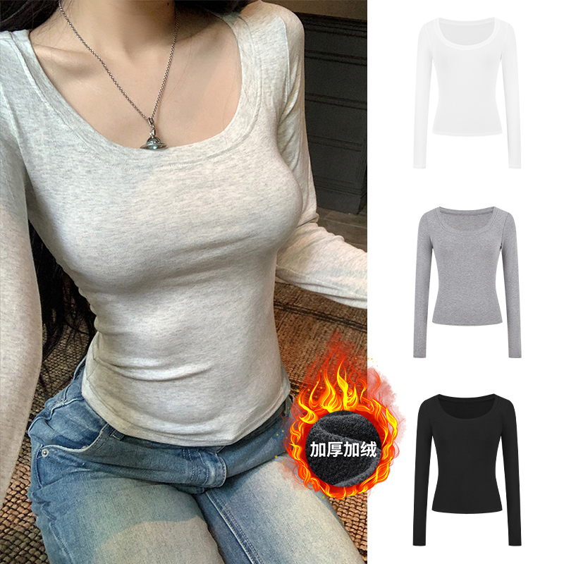 Moses Queen/魔西女王U领打底上衣女秋冬加绒瘦内搭外穿长袖