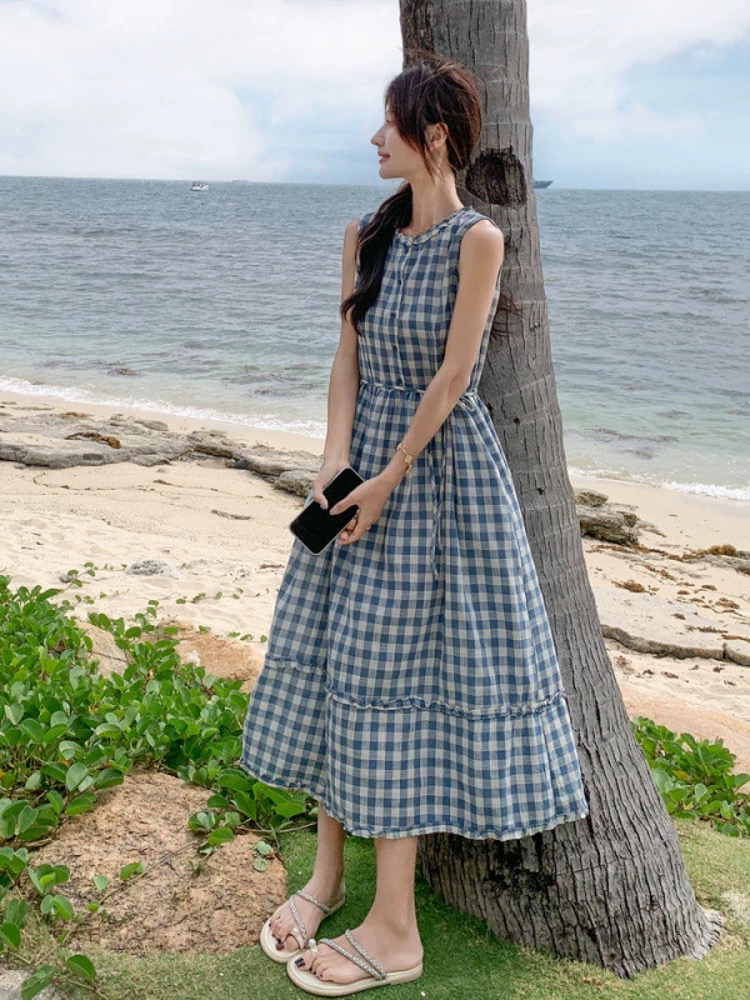 新疆包邮【16326】格子无袖连衣裙-衣长110