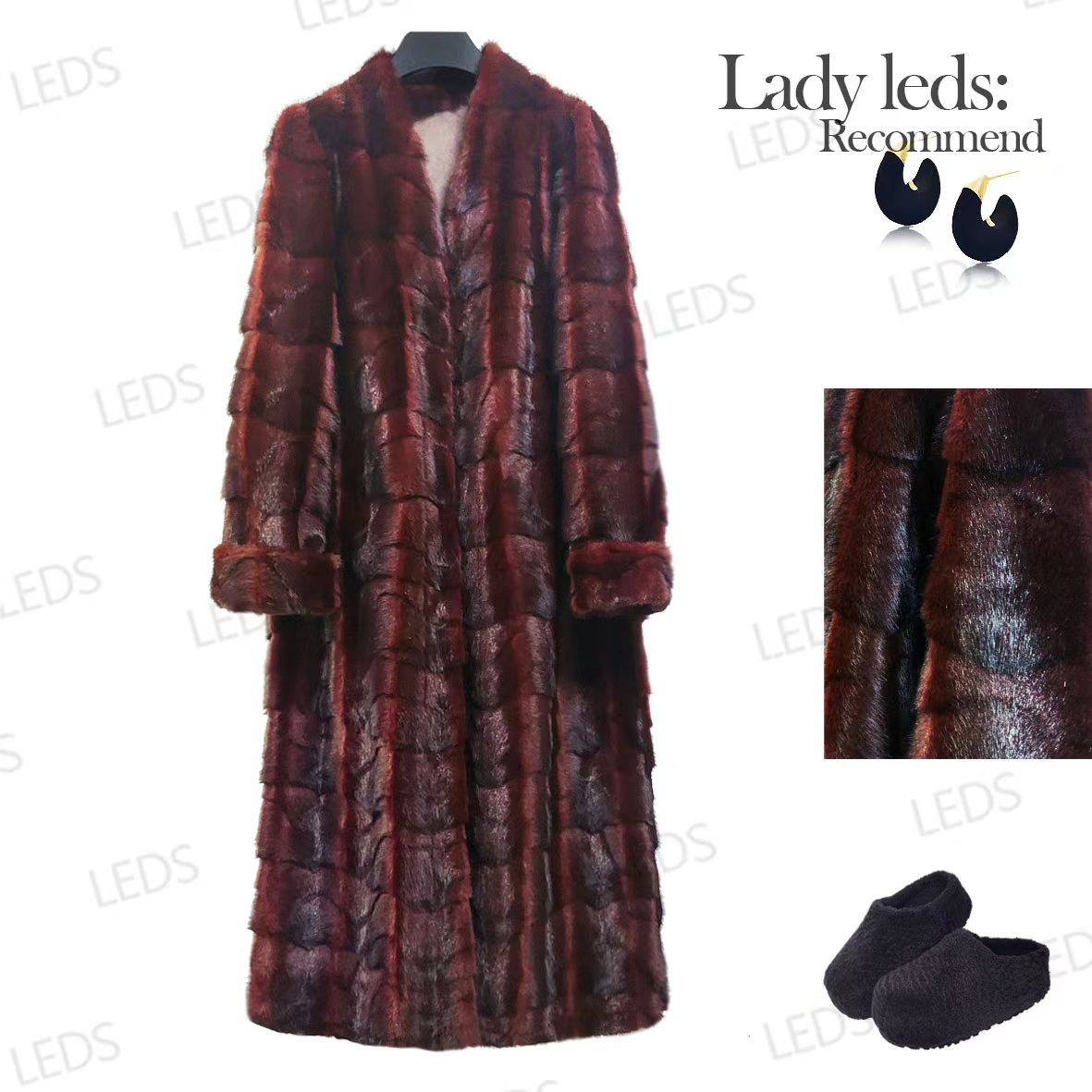 LEDS 28282【冬日显贵】酒红色过膝复古龙猫质感保暖气质外套