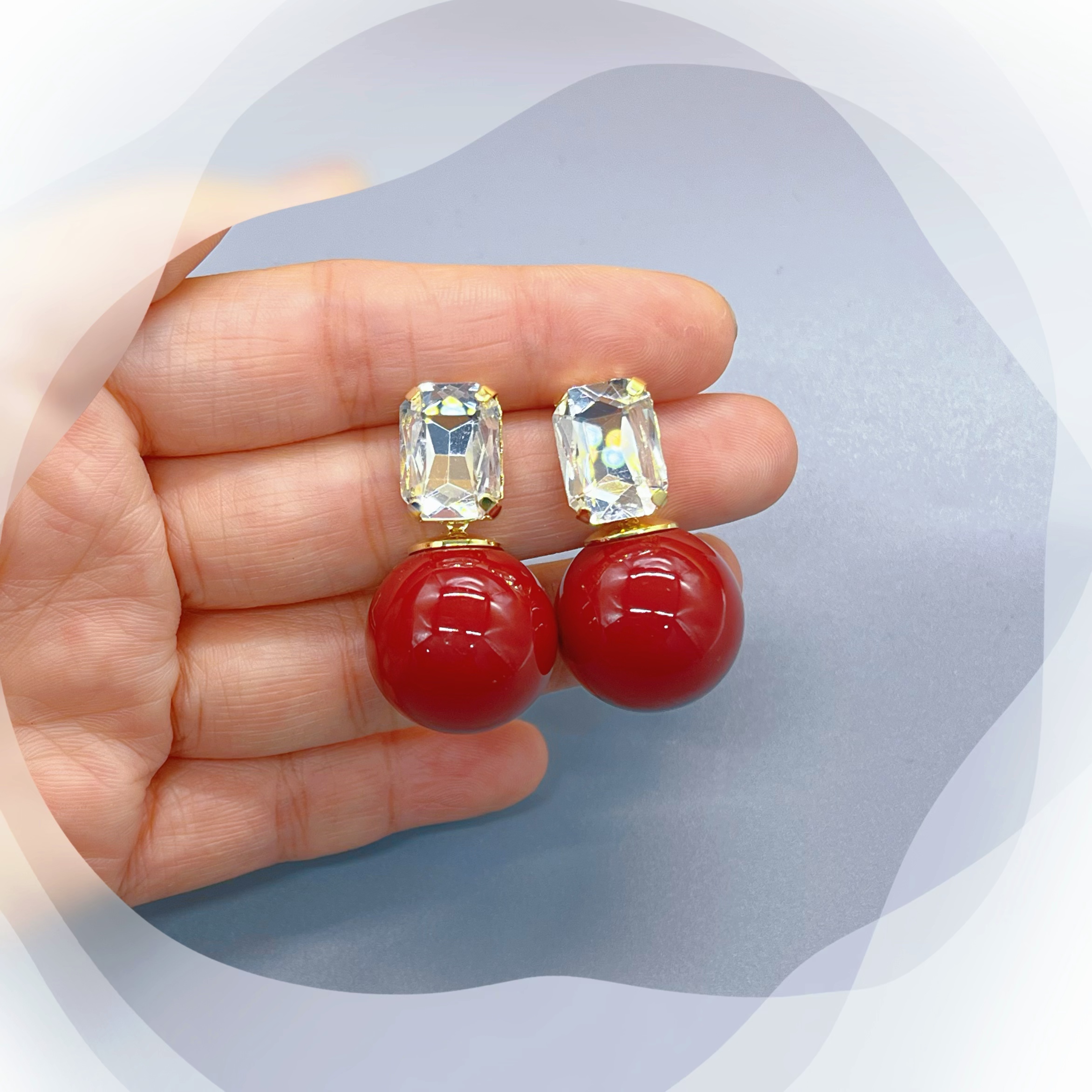 合金仿珍珠耳饰 1738合金高级感方糖满锆安可拉红贝珠耳环