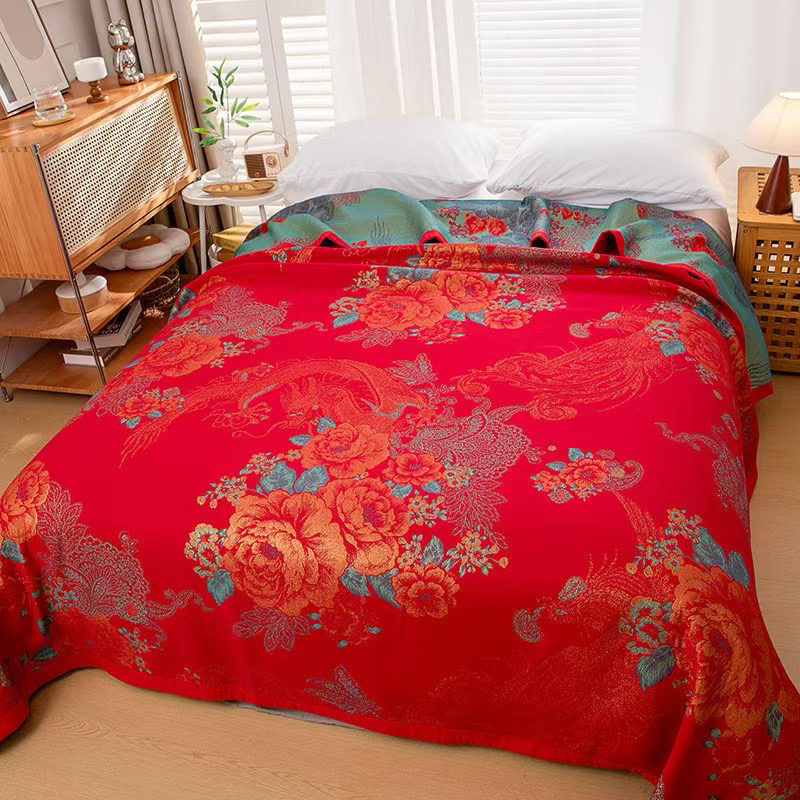 中国红牡丹240*260纱布床盖轻奢细纱多功能亲肤蚕蛹蛋白纱布毯