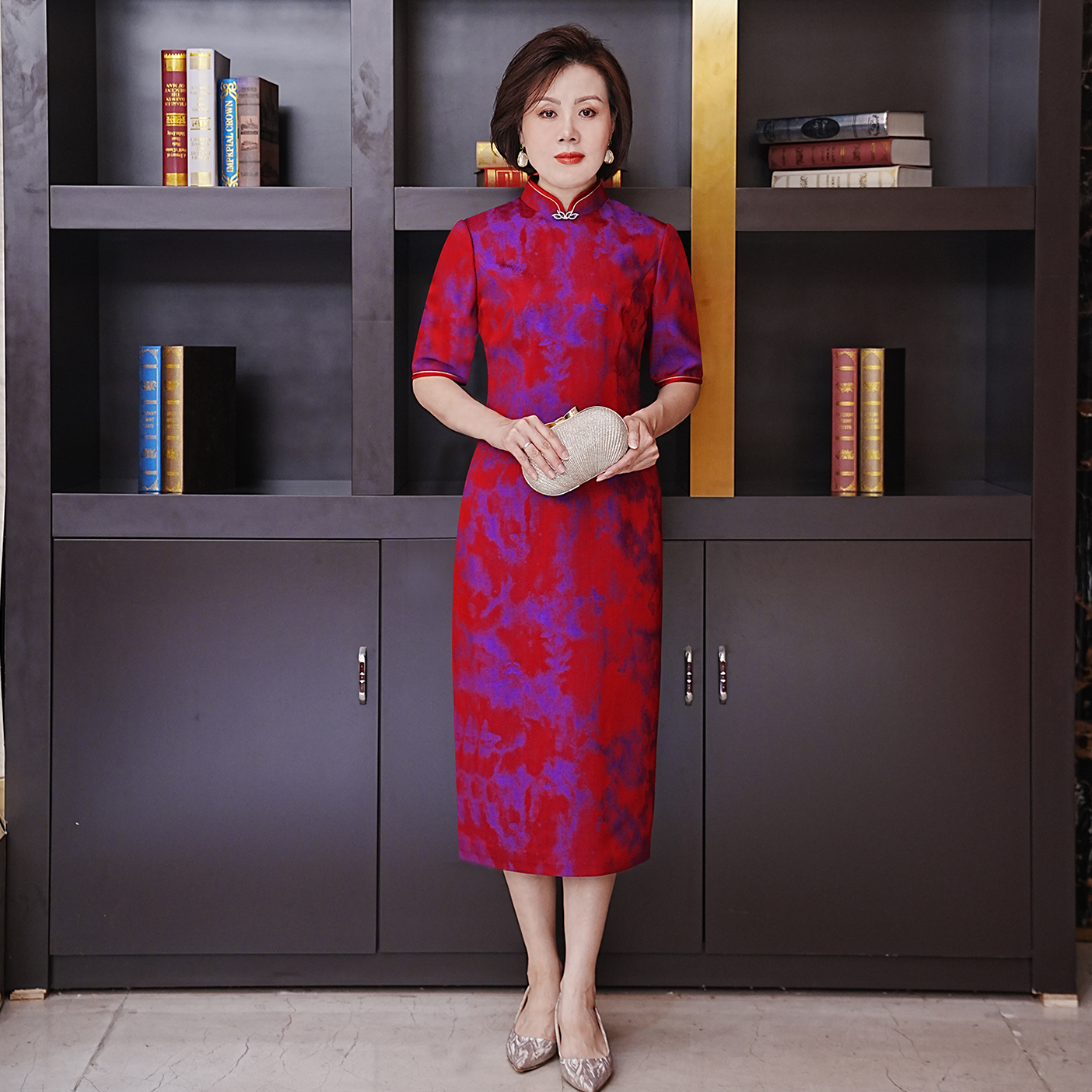 YINGDAK/应大胭脂紫色花罗新中式旗袍喜婆婆喜妈妈场合装