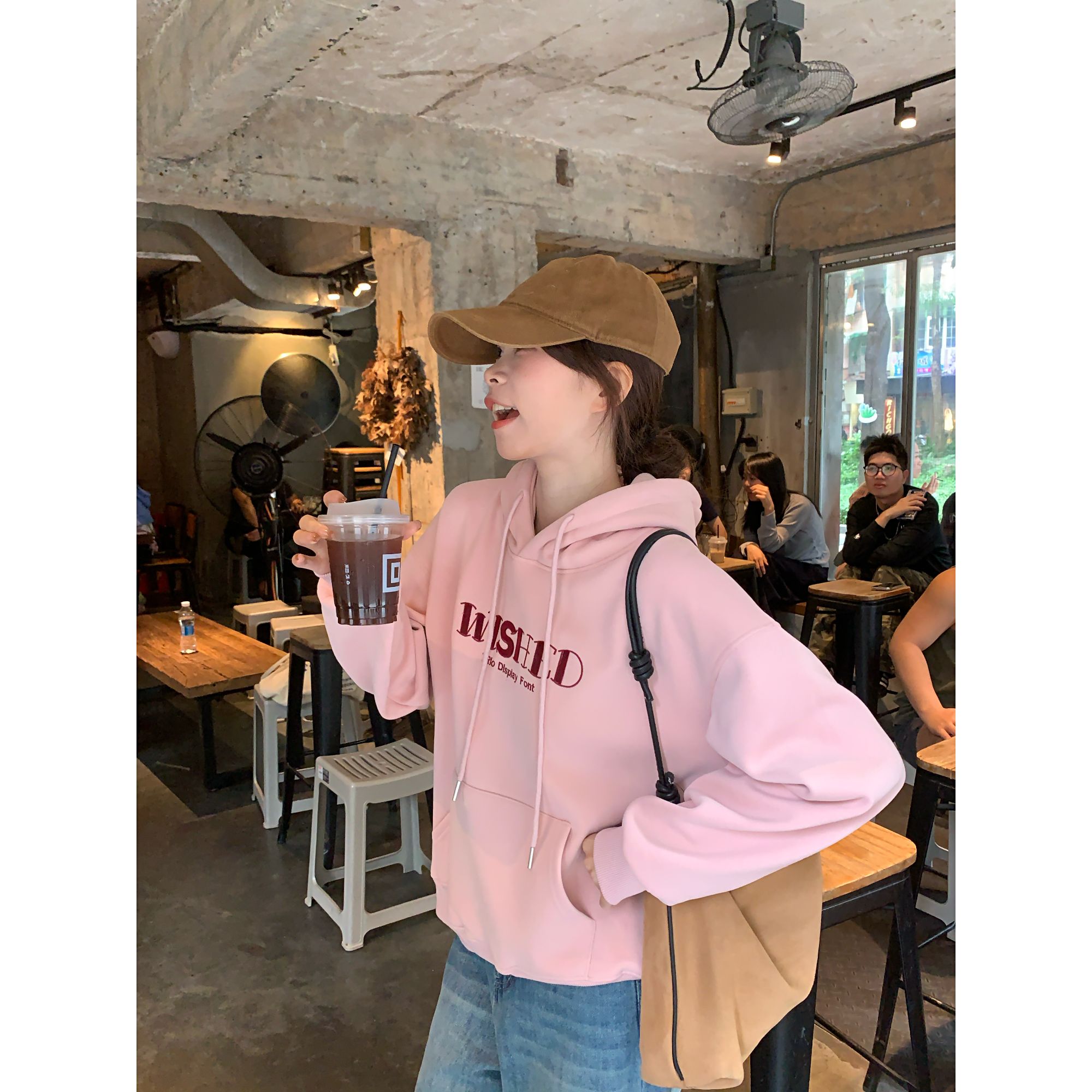 【C·Cai】加绒美式慵懒插肩袖粉色连帽卫衣18318#慵懒百搭休闲