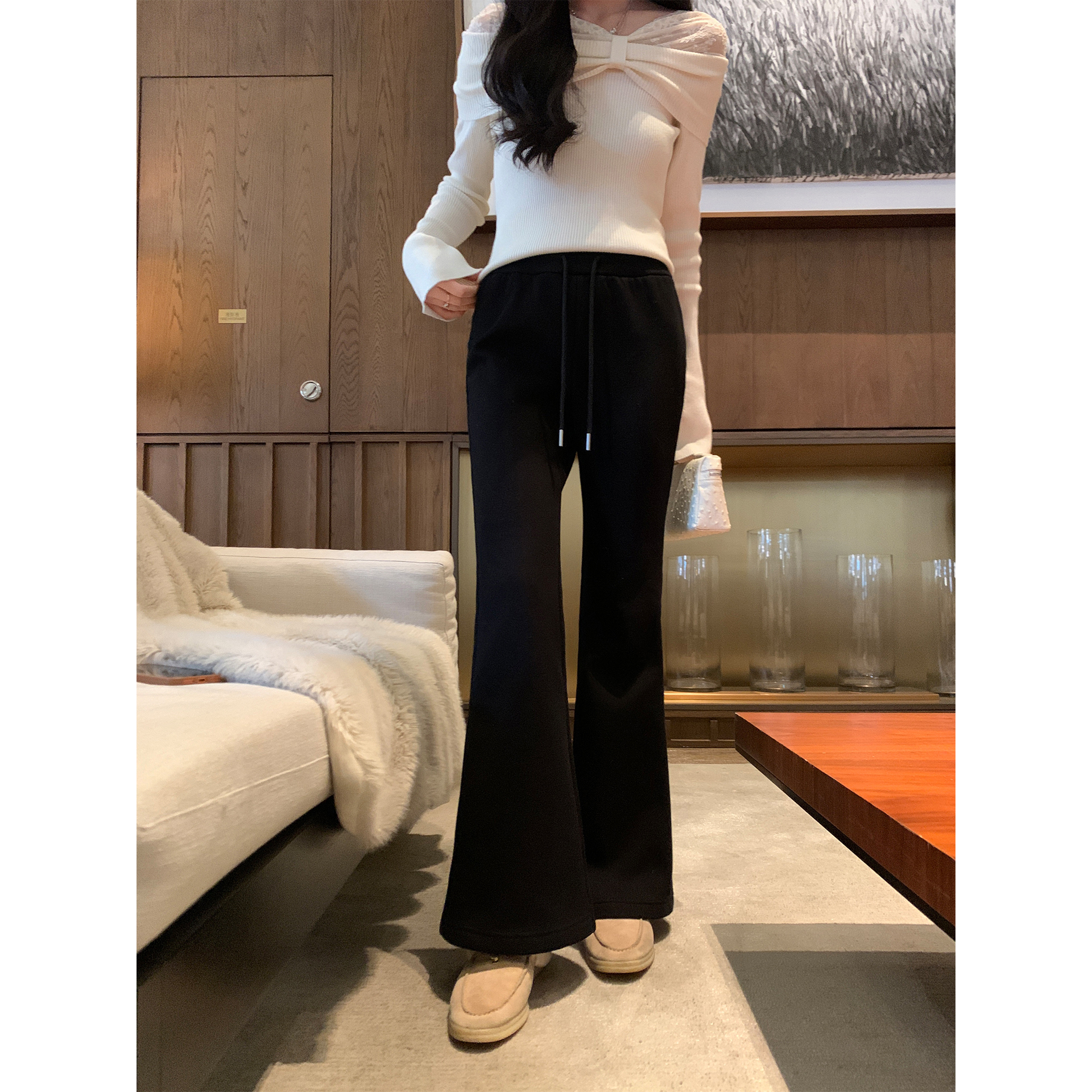 夏诗文 重磅高克重一体绒微喇裤女秋冬黑色针织修身休闲长裤汉服