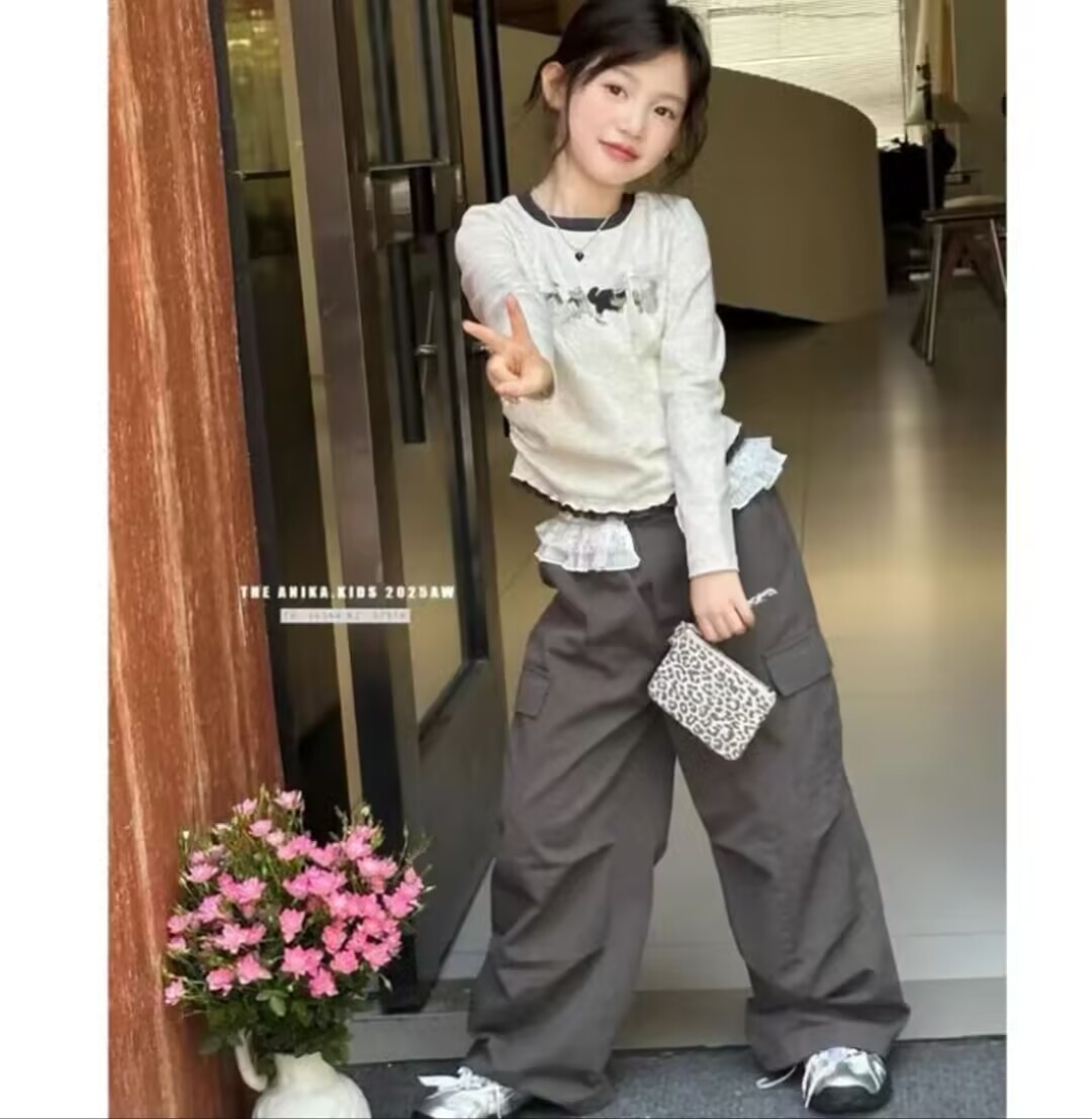 女童秋季新款套装洋气蝴蝶结长袖上衣花边工装裤女宝宝两件套